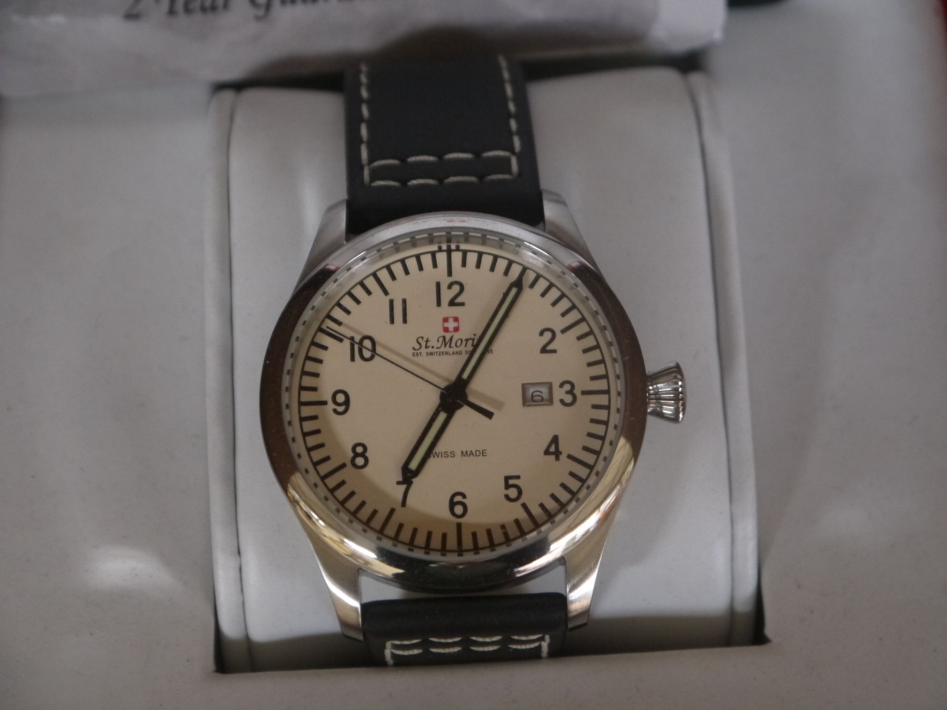St Moritz of Switzerland Black Leather strapped watch, new and ticking in Presentation box.
