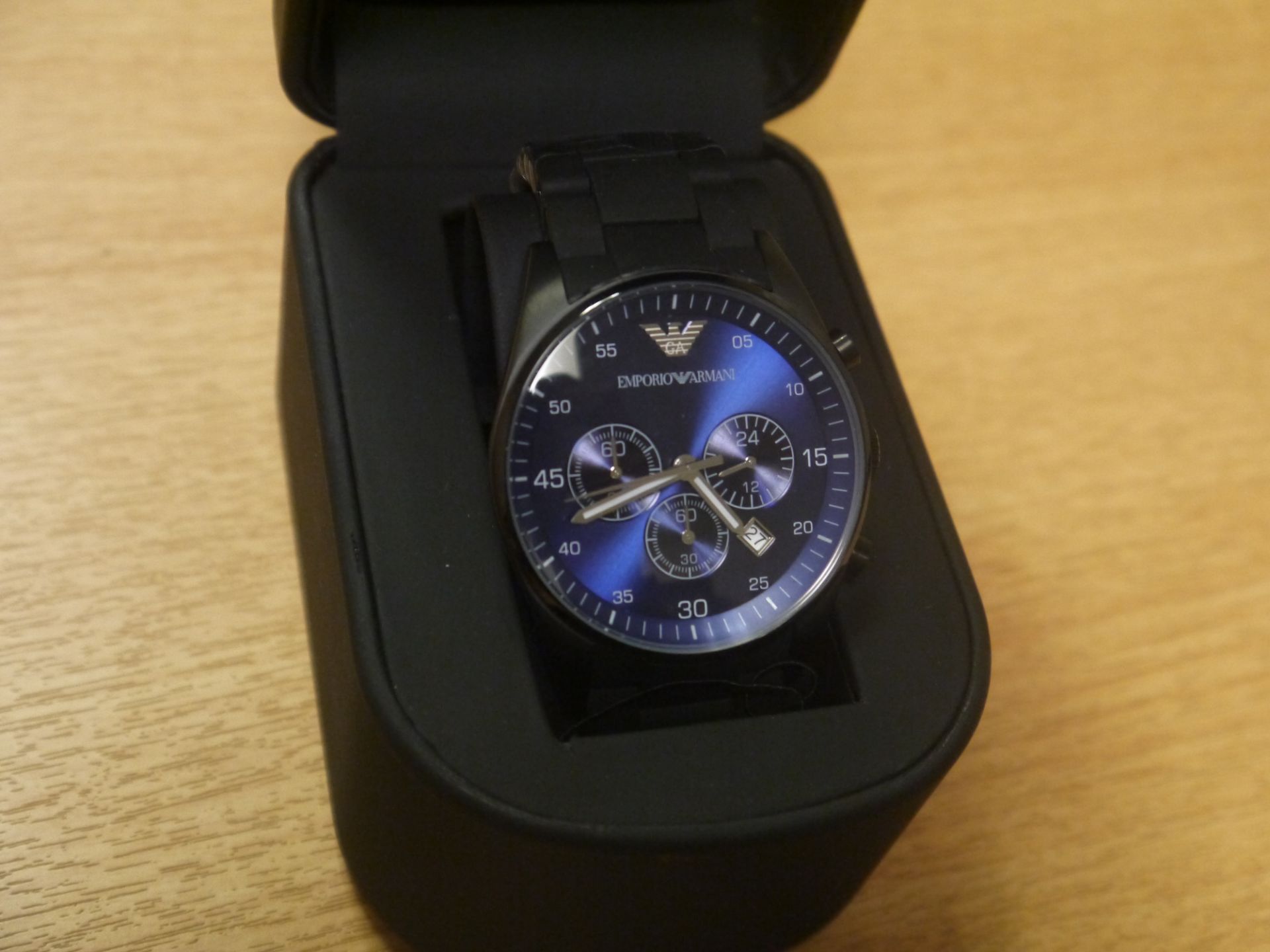 NO VAT!! Armani Mens Chronograph Watch, black strap blue face. New, boxed and ticking. RRP £341.