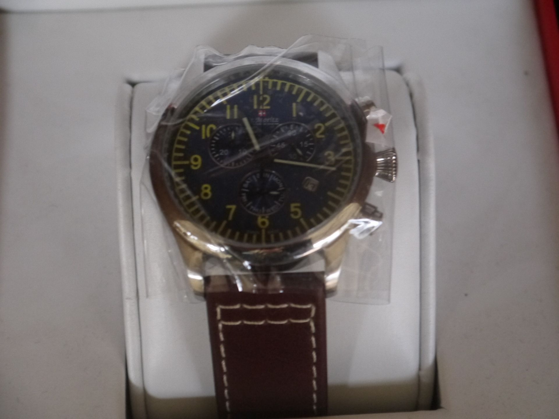 St Moritz of Switzerland Brown Leather strapped Chronograph watch, new and ticking in Presentation