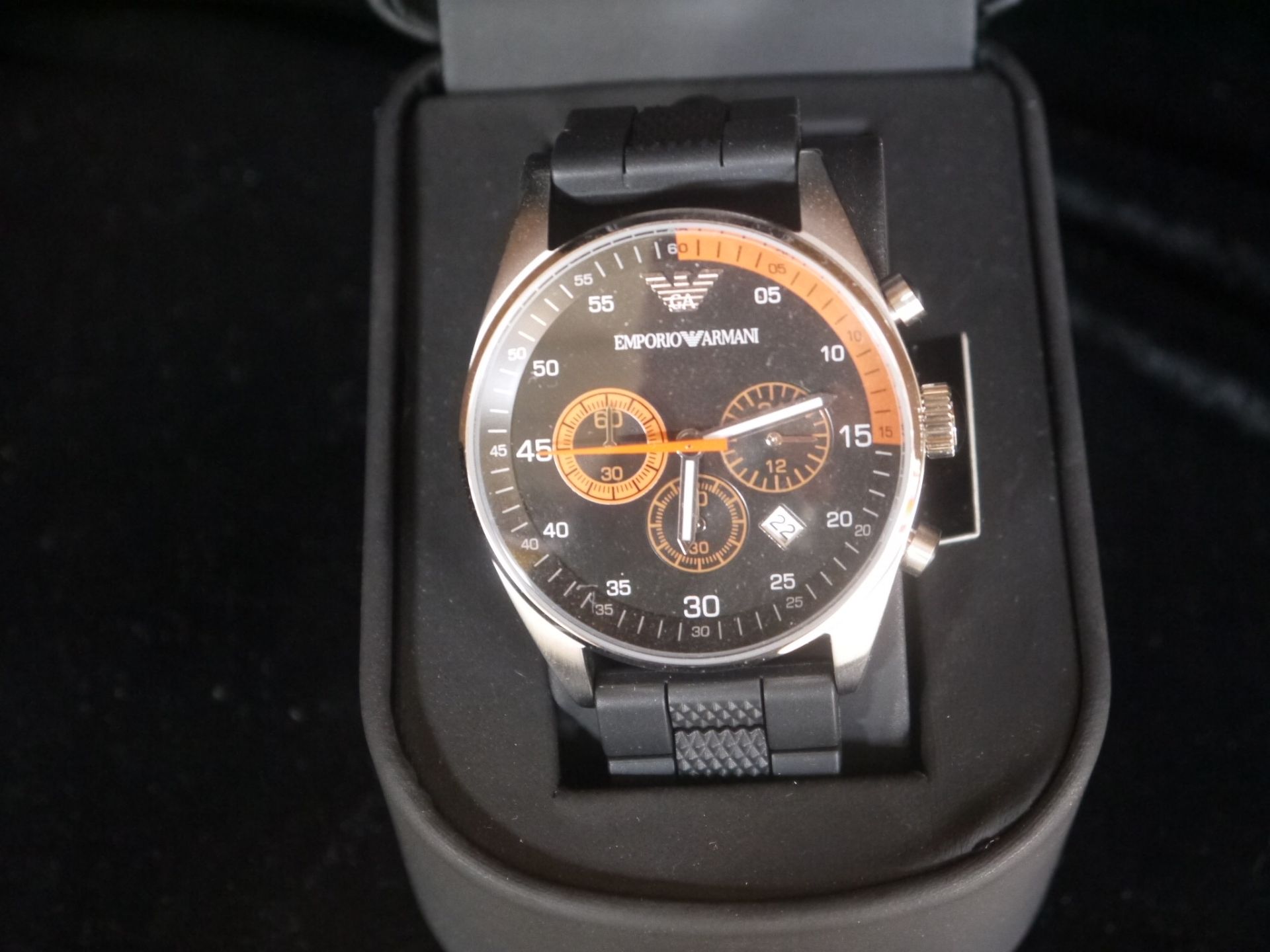 Mens NO VAT!! Armani Black Sportivo Chronograph Watch (AR5878). New, boxed and ticking.