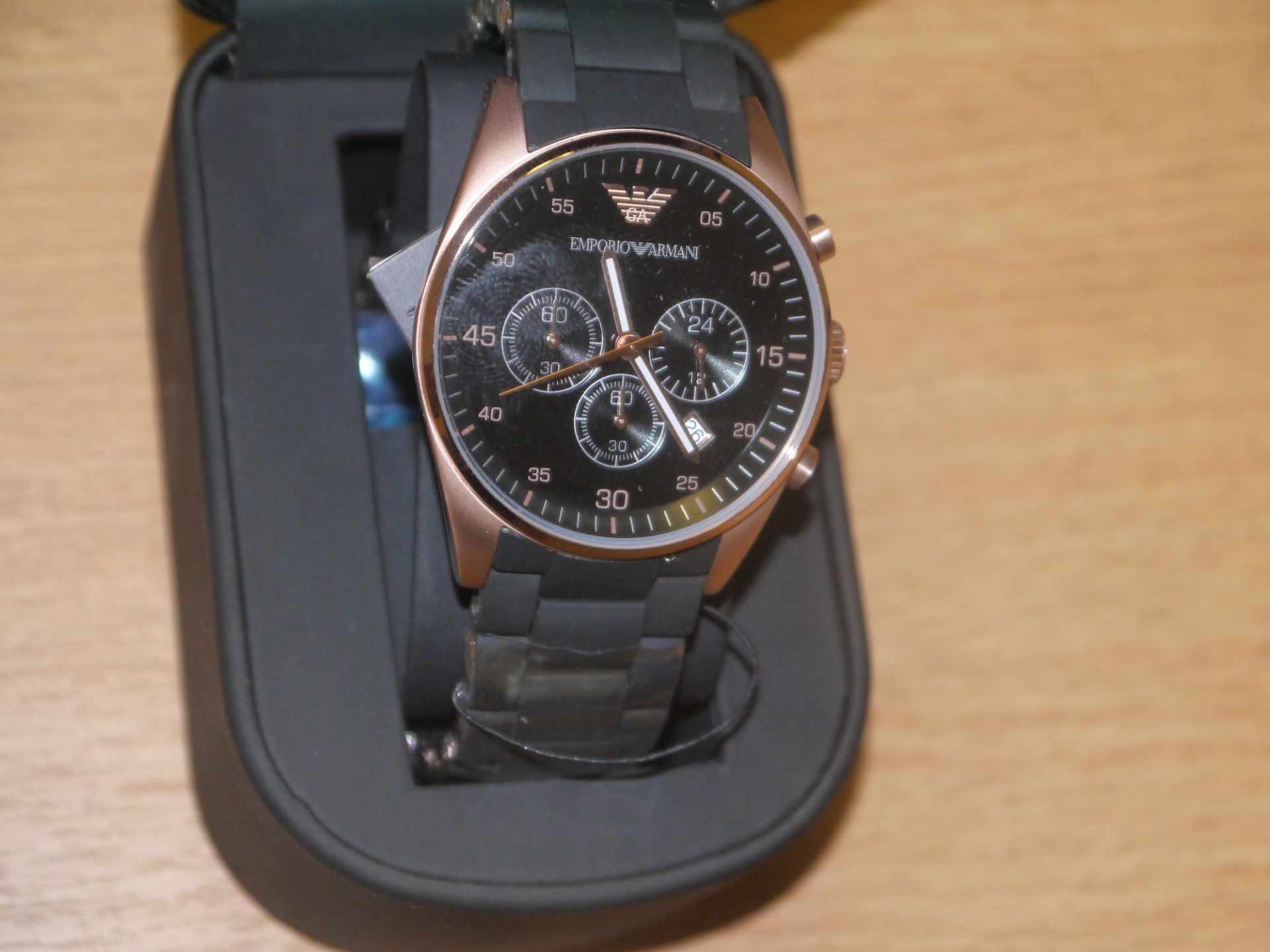 NO VAT!! Armani AR5905 Black Rose Gold Mens Watch. New boxed and ticking. RRP £342.00. See link.