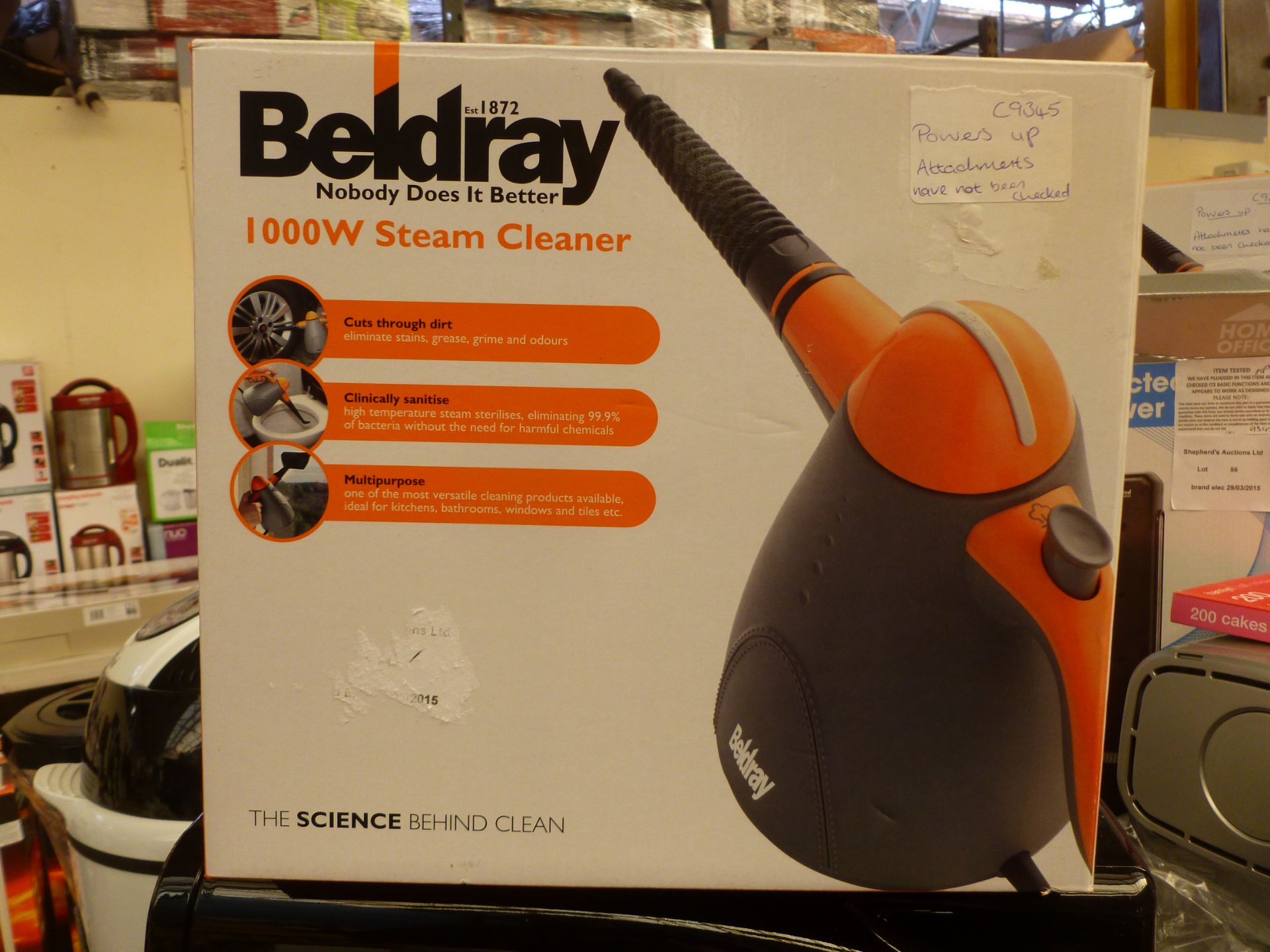 Beldray 1000W Steam Cleaner. Powers up. Attachments have not been checked.