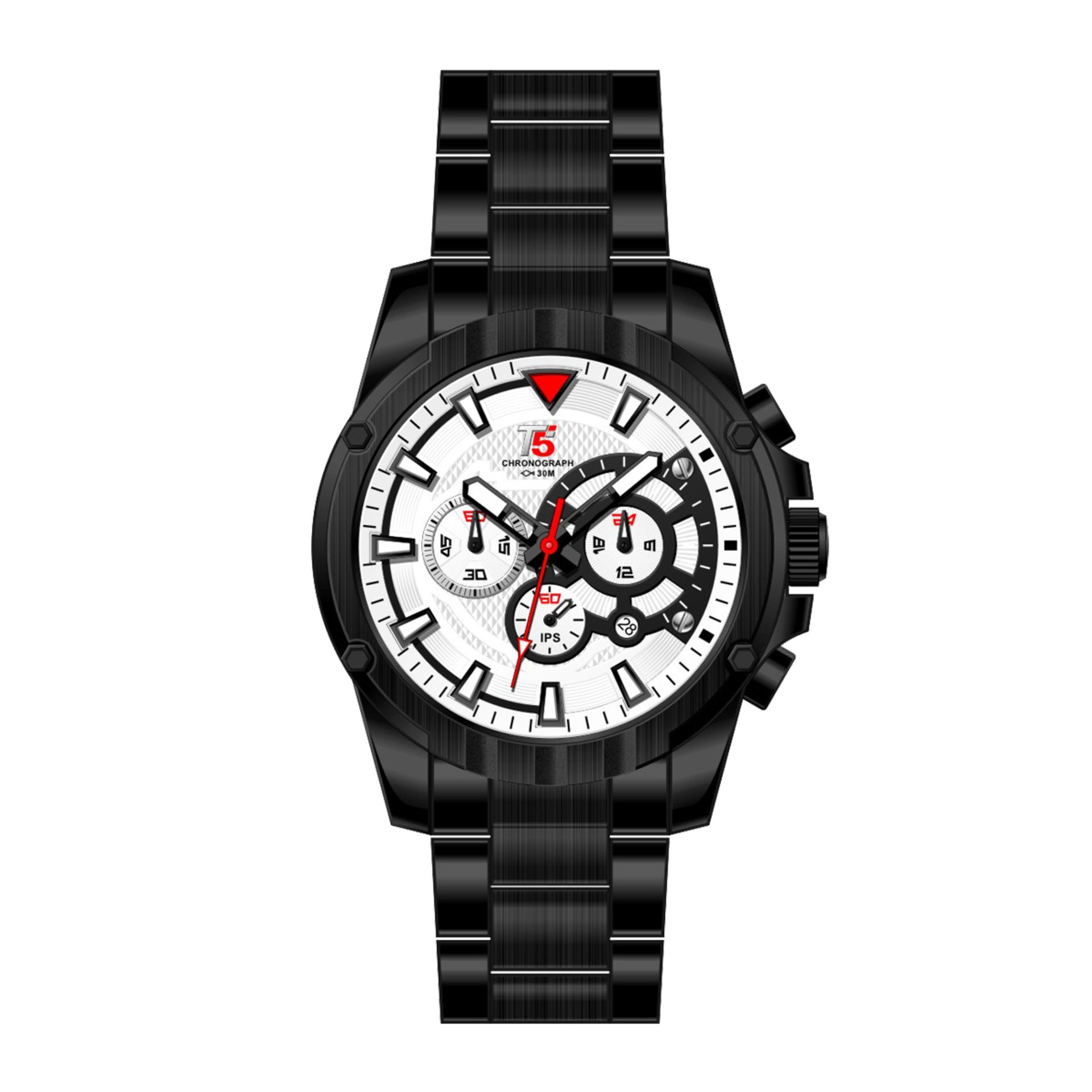 T5 Dexter D2 watch has a white chronograph dial with black hands and white markers. Date Function.