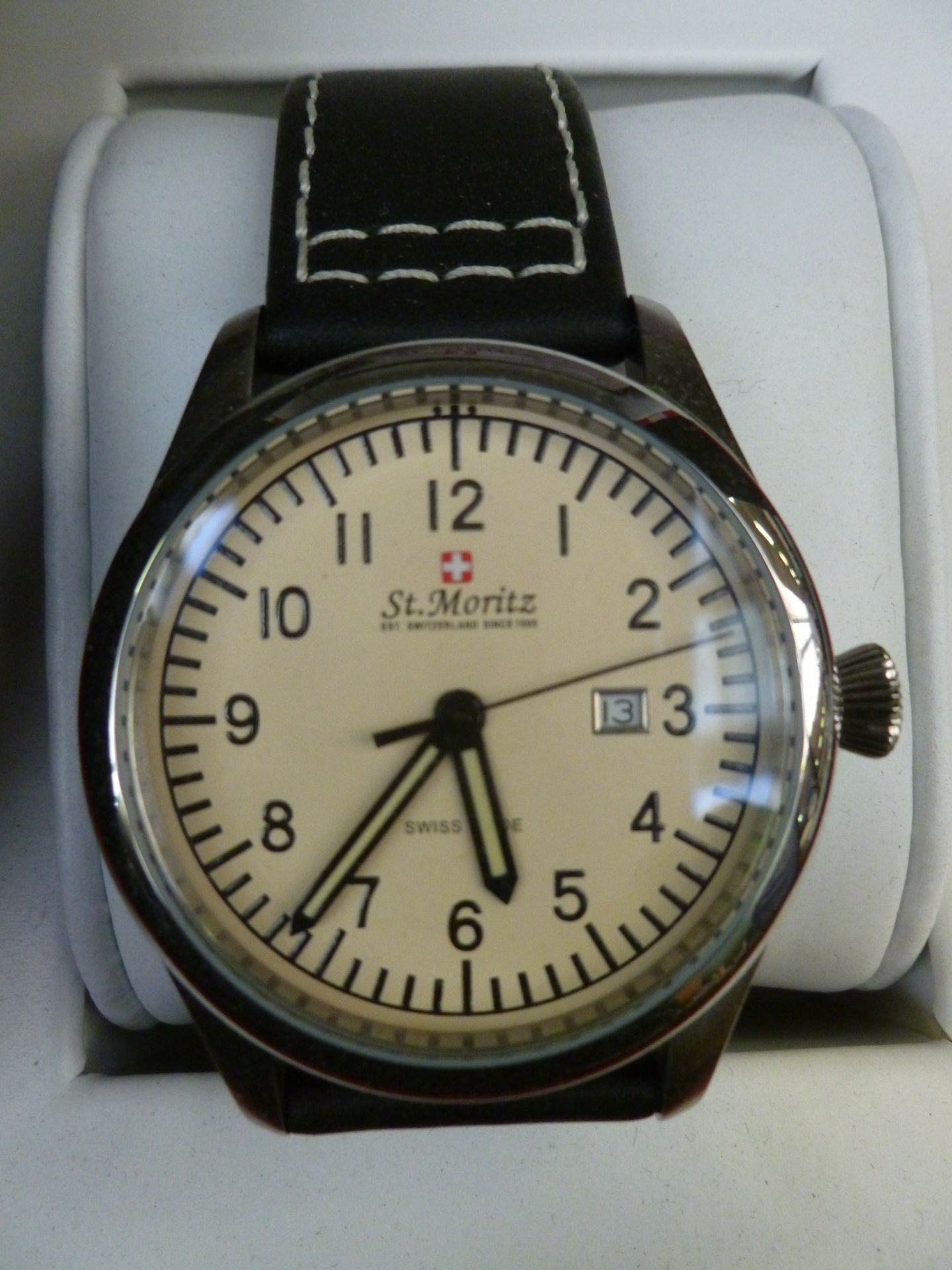 St Moritz of Switzerland Black Leather strapped watch, new and ticking in Presentation box.