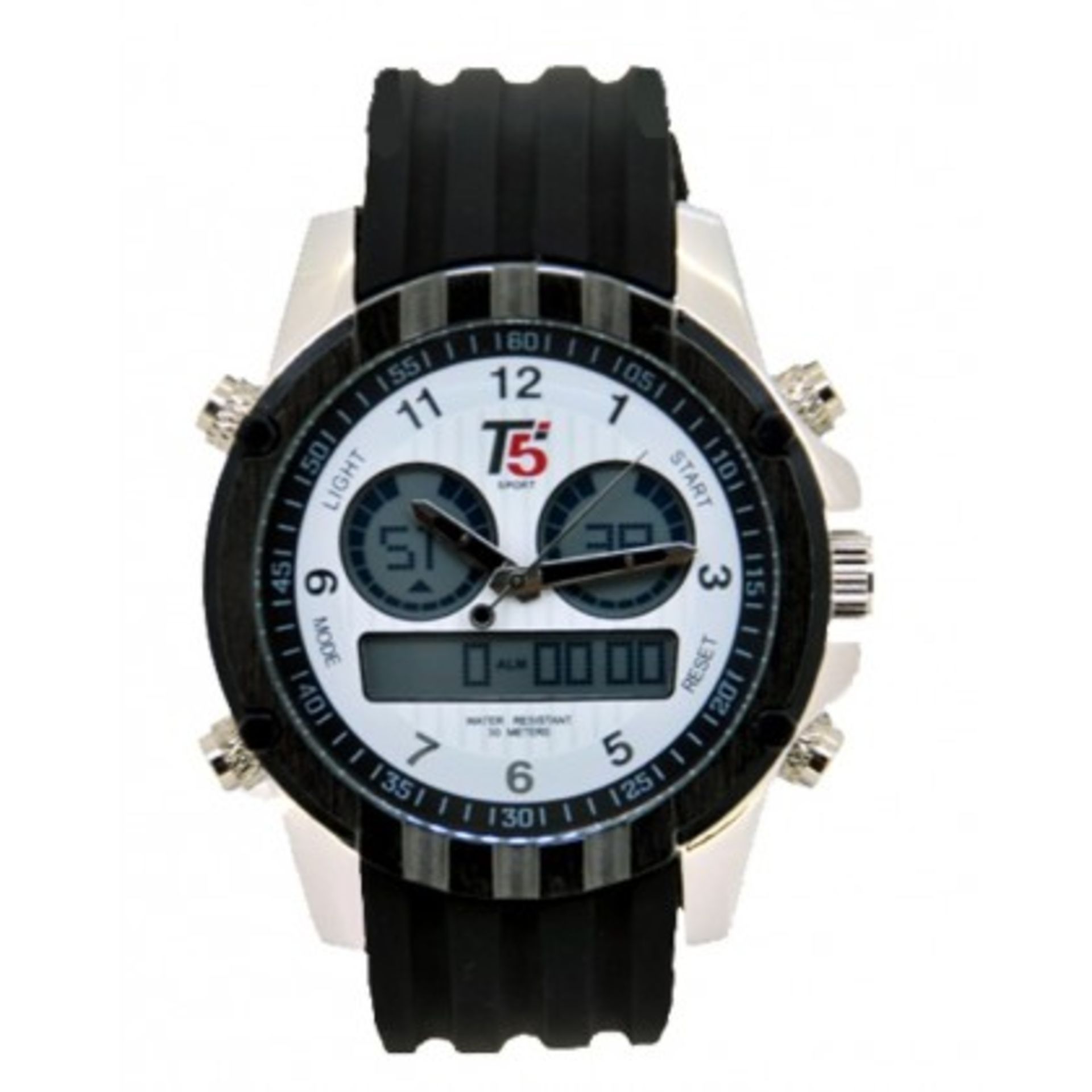 The T5 Astor A3 has a white dial with digital chronograph inner dials. Alarm and date function.