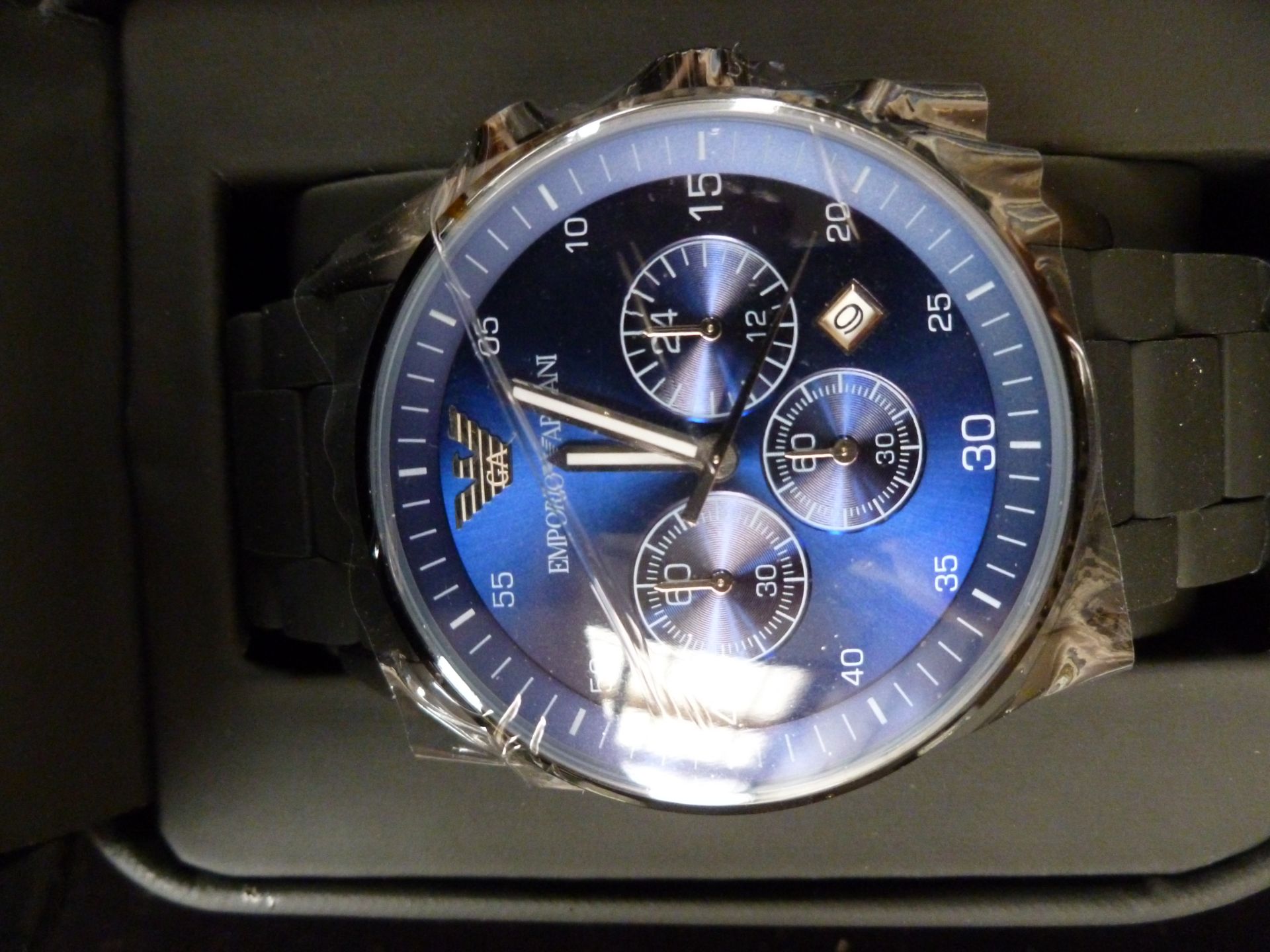 NO VAT!! Armani AR5921 Chronograph Gents Watch with Black Rubber Strap New, boxed and ticking.