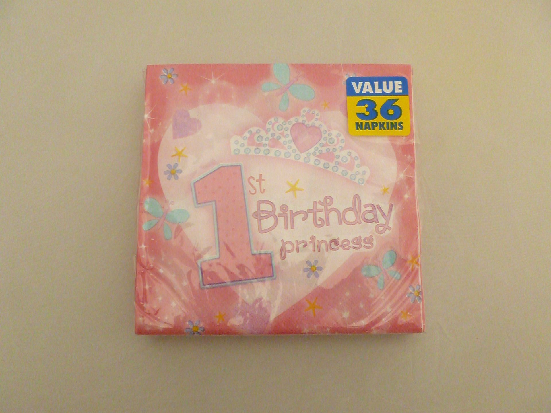 72 packs of 36 1st Birthday Princess Napkins. (32.7 cm x 32.7 cm) New, in original packaging and