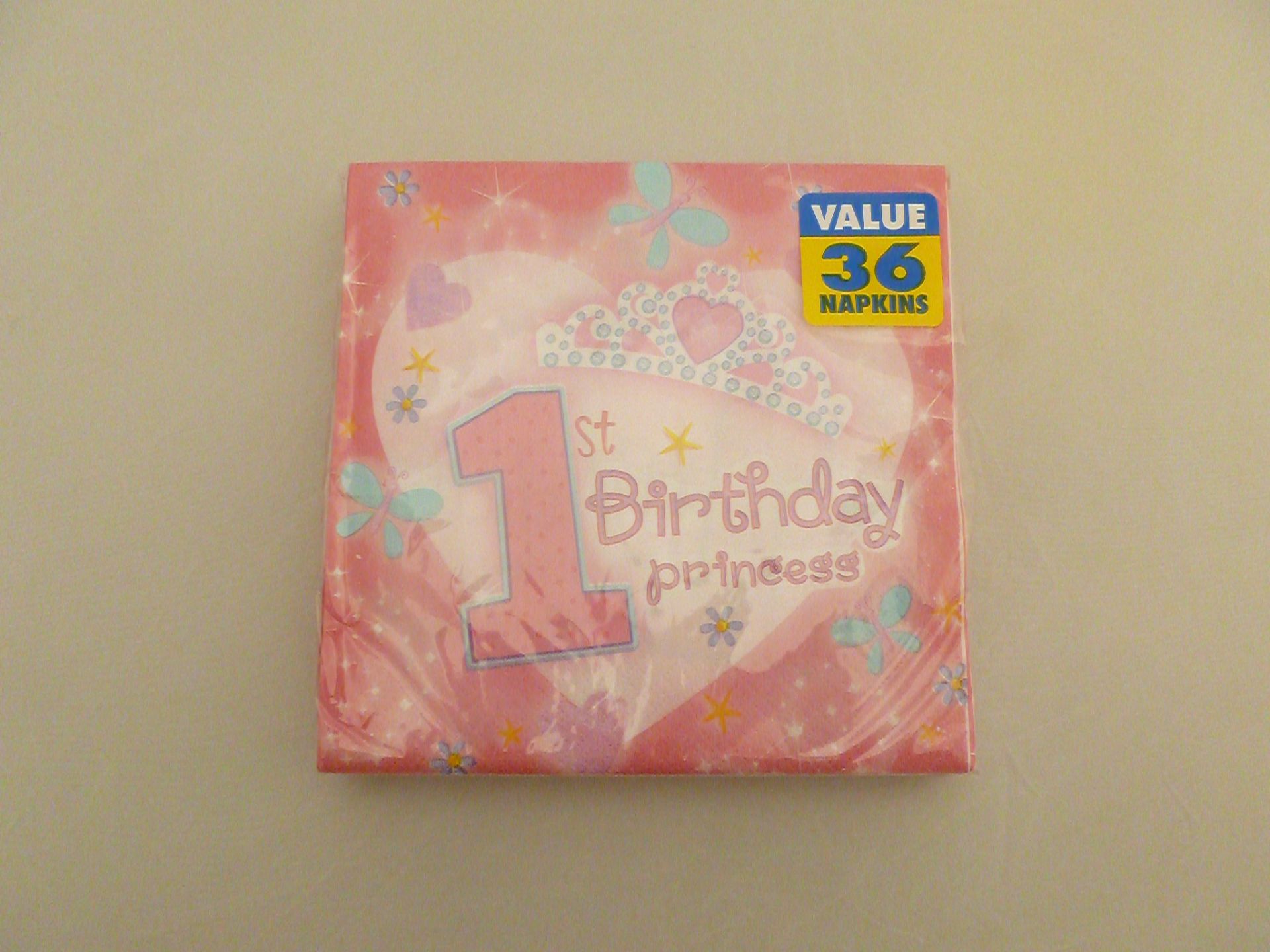 72 packs of 36 1st Birthday Princess Napkins. (32.7 cm x 32.7 cm) New, in original packaging and
