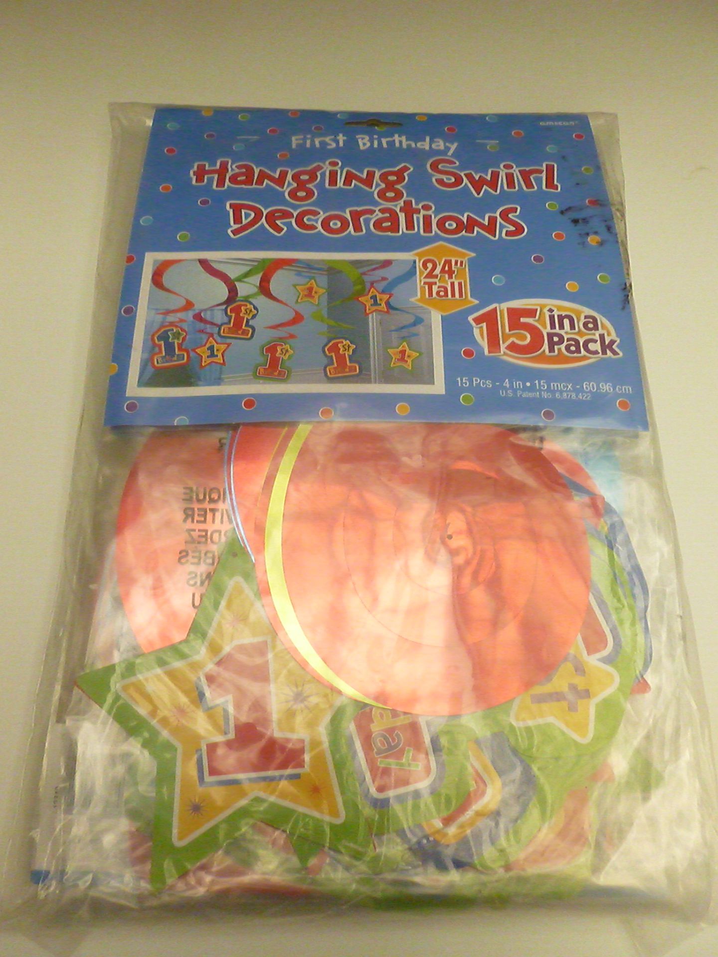 12 packs of 6 each containing 15 individual 1st Birthday Hanging Swirl Decorations, 24'' Tall.