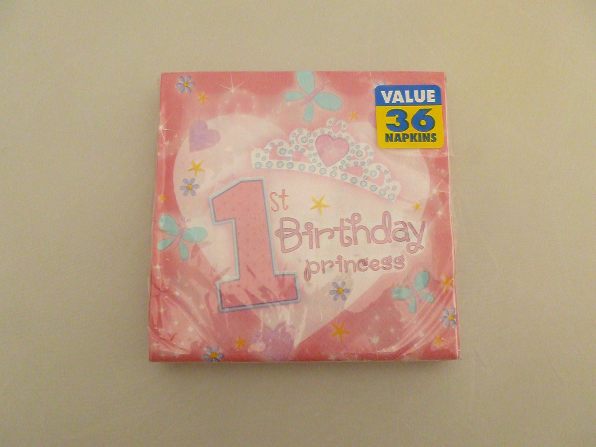 72 packs of 36 1st Birthday Princess Napkins. (32.7 cm x 32.7 cm) New, in original packaging and