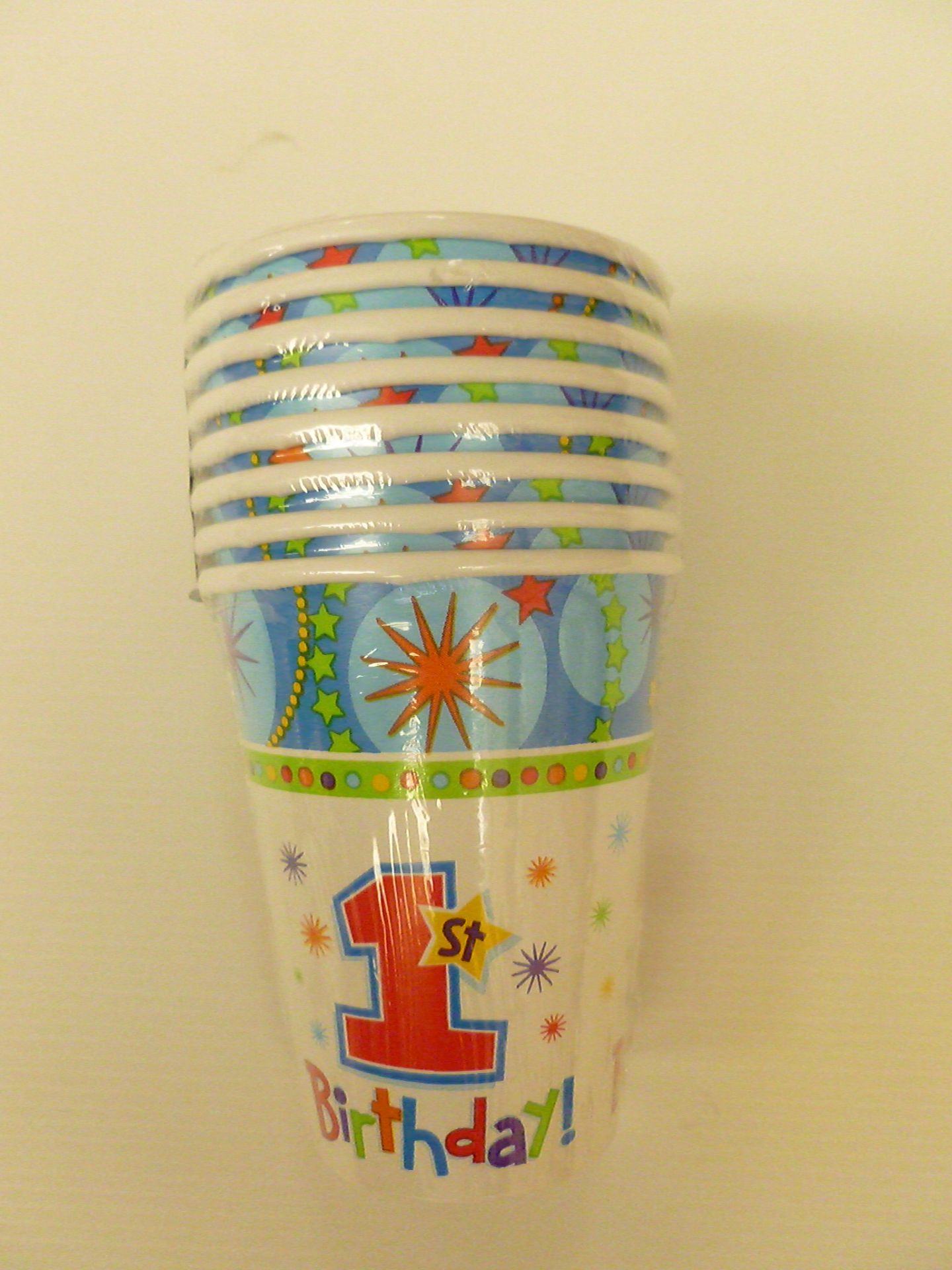 10 packs of 96 individual 1st Birthday Paper Cups, 226ml. New, in original packaging and boxed