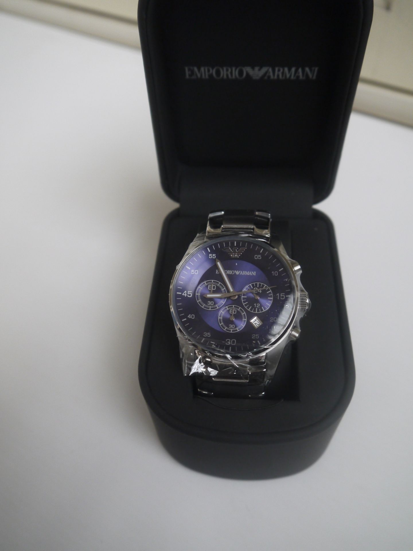 NO VAT!! Armani AR5860 blue Face Chronograph Gents Watch with Metal Strap New, boxed and ticking.