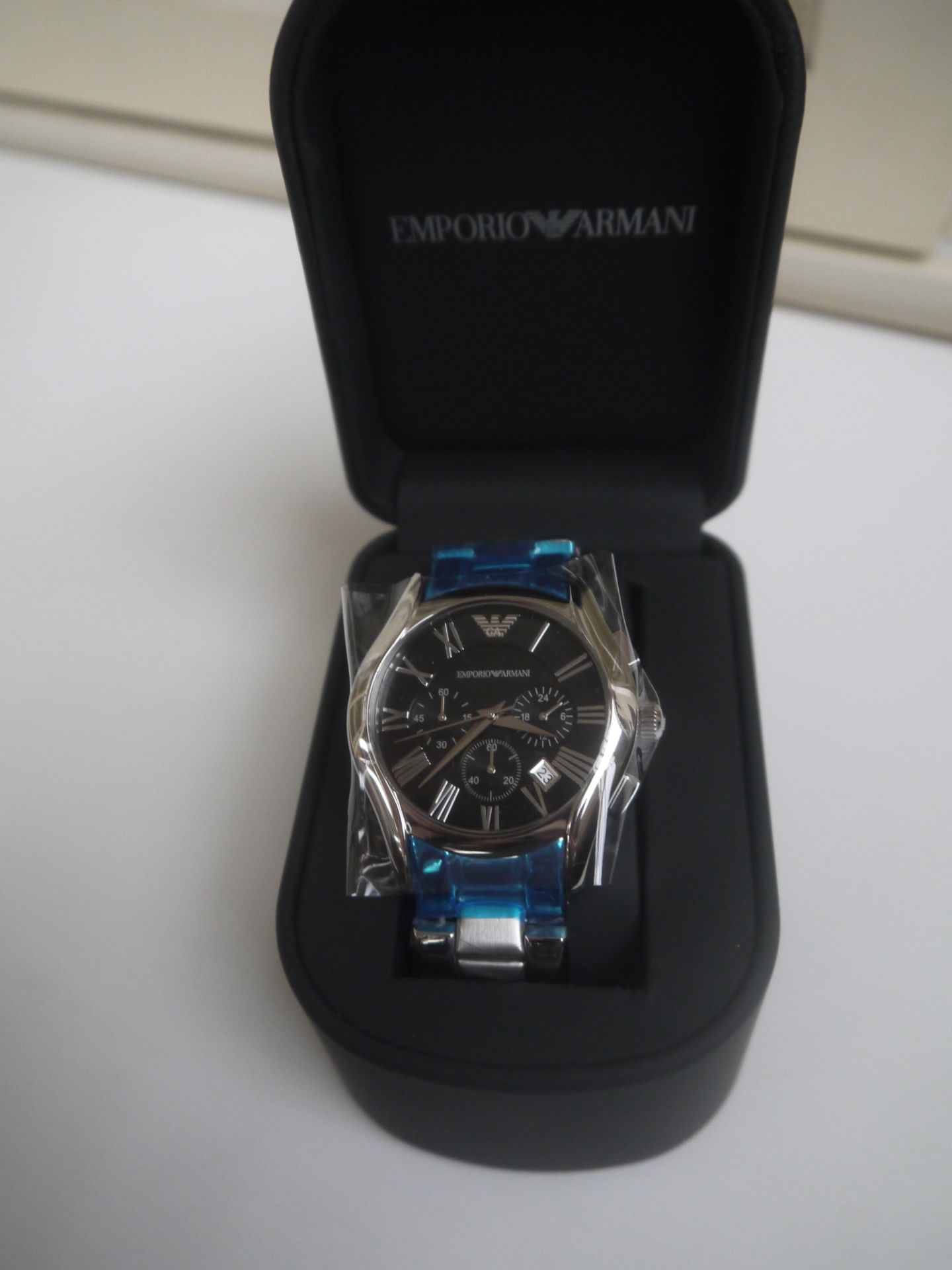 NO VAT!! Armani AR0673 Chronograph Black Face Gents Watch. New, boxed and ticking. With