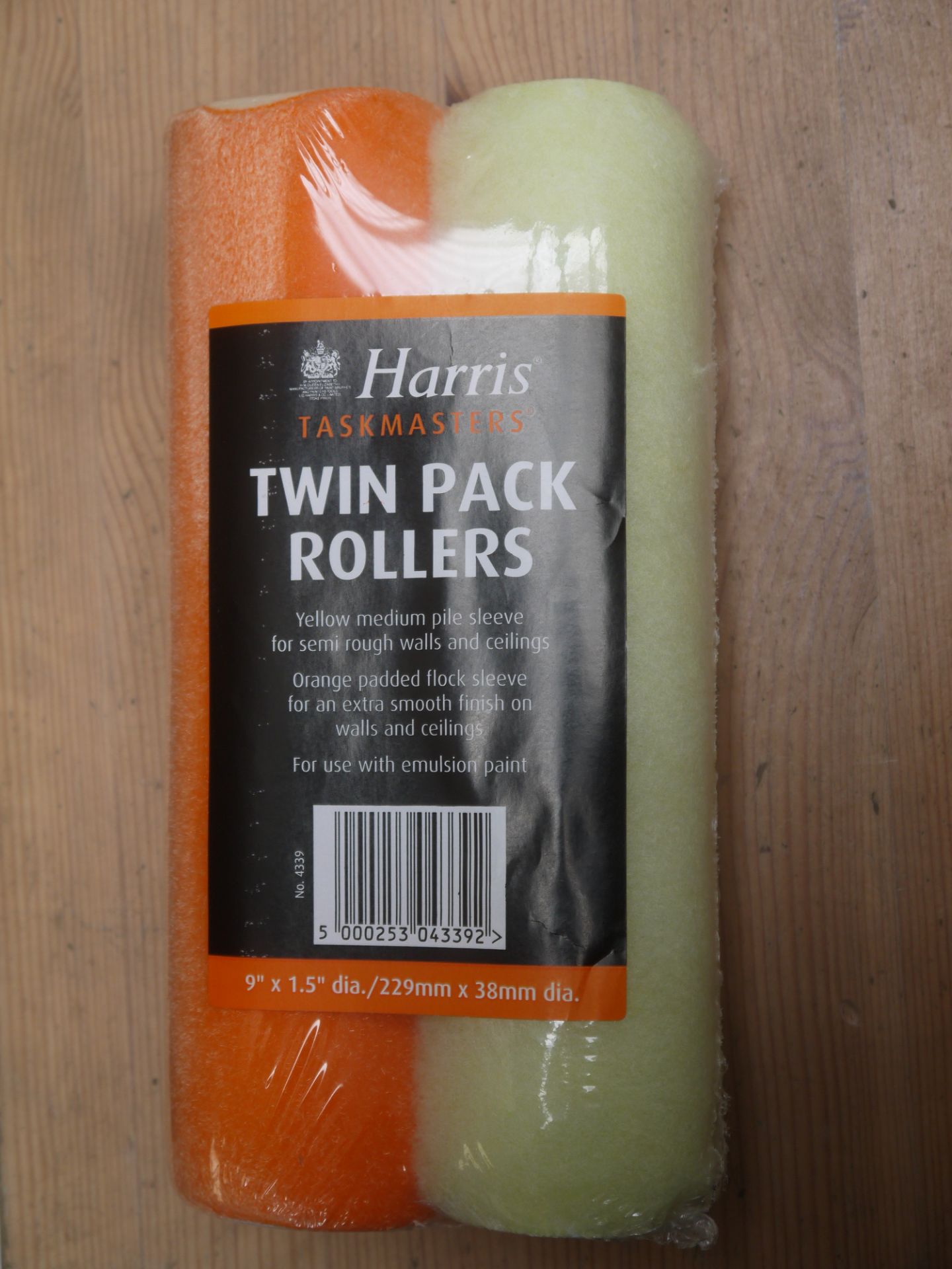 Harris Twin Pack Rollers (9'' x 1.5''), for use with emulsion paint. 1x Yellow Medium Pile Sleeve