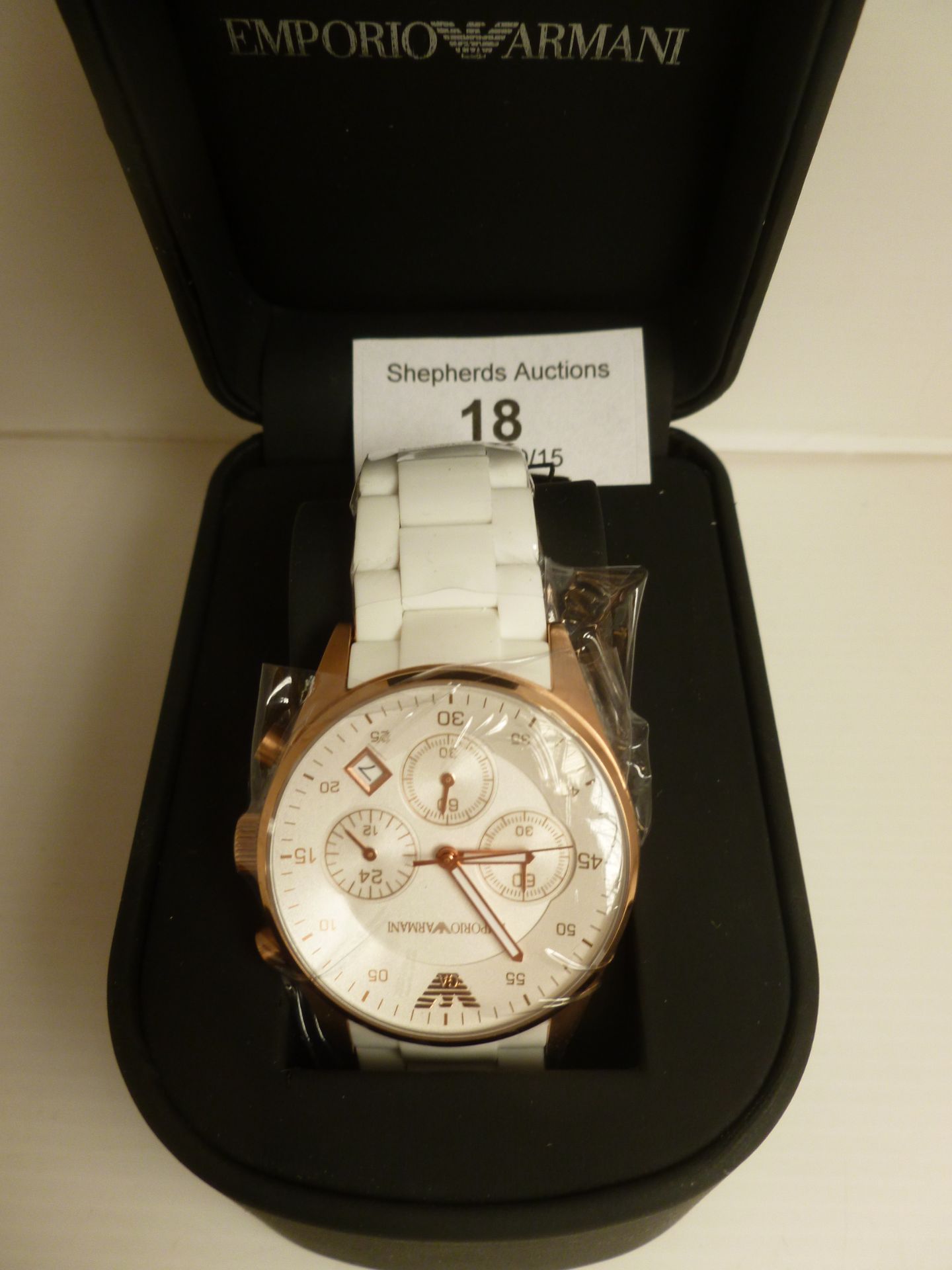 NO VAT !! Armani AR5920 Chronograph White Face & Rose Gold Coloured Watch boxed and ticking. With