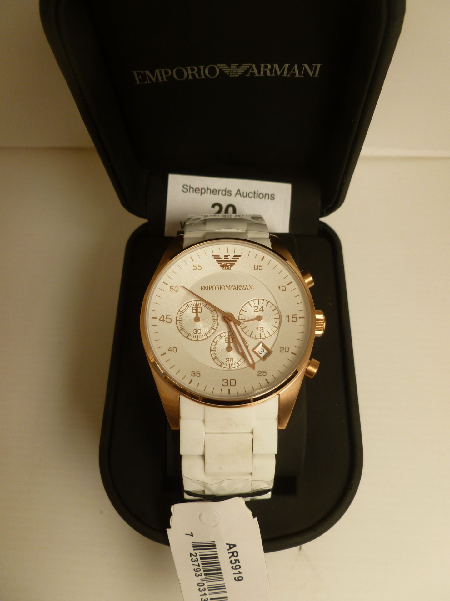 NO VAT !! Armani AR5919 Chronograph White Face & Rose Gold Coloured Watch boxed and ticking. With