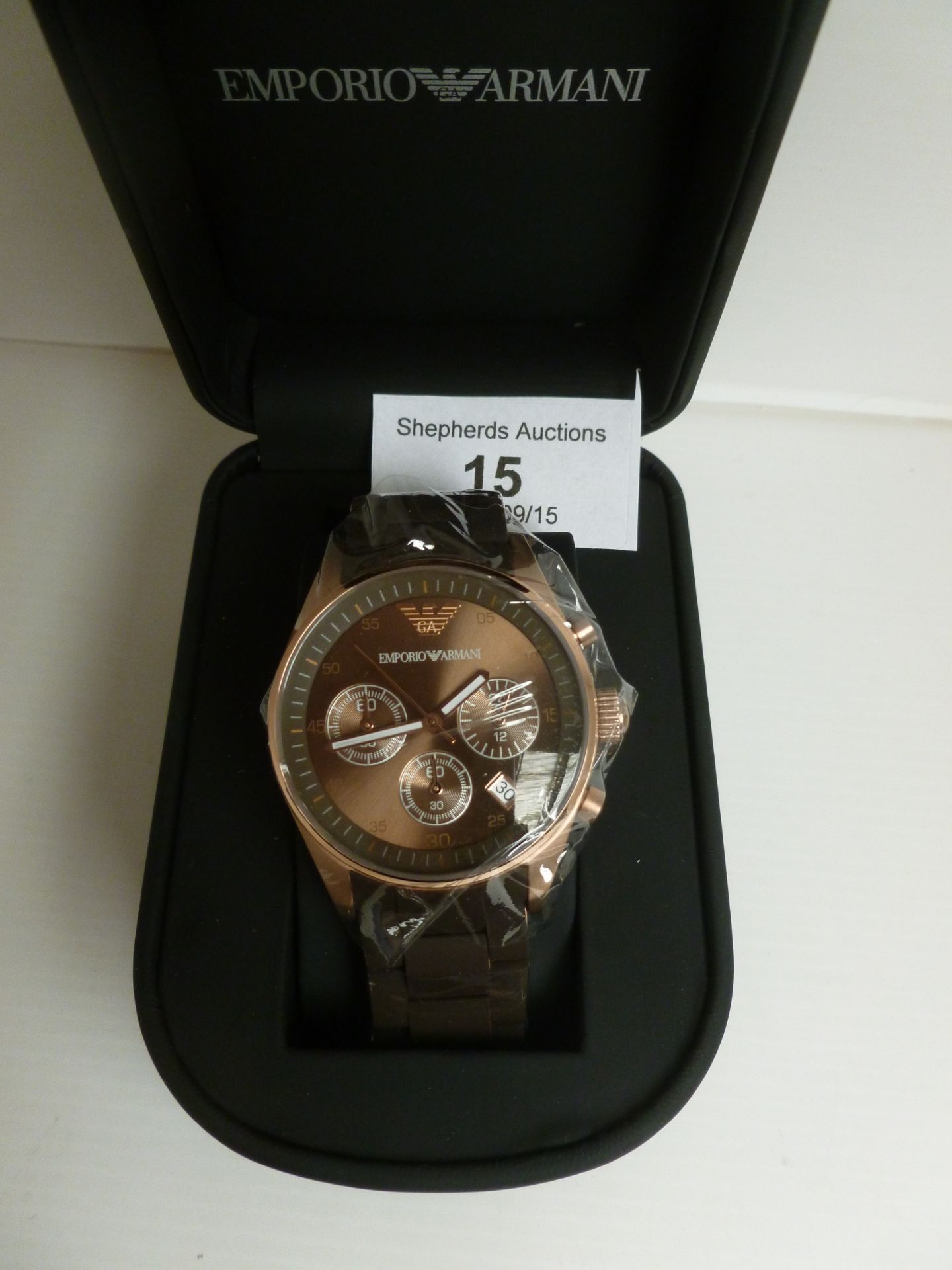 NO VAT !! Armani AR5891 Chronograph Brown Face Watch boxed and ticking. With authentication card and