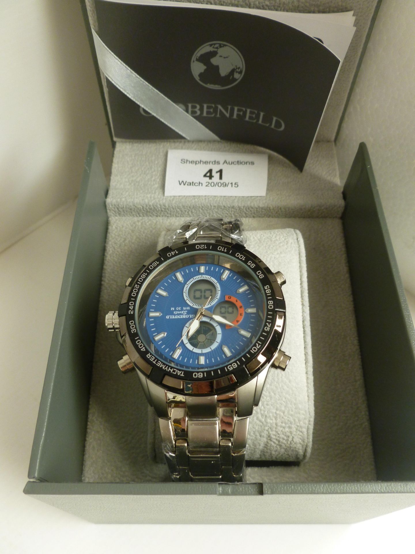 NO VAT!! Globenfeld Mens Blue sport metal strapped Watch 9101A new in presentation box