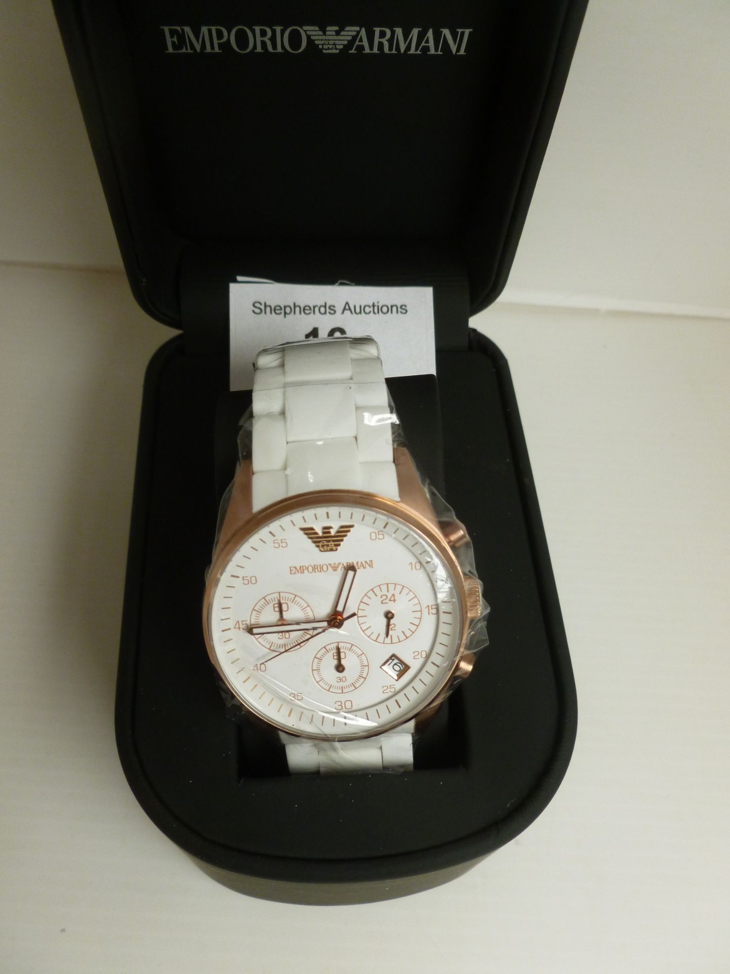 NO VAT !! Armani AR5920 Chronograph White Face & Rose Gold Coloured Watch boxed and ticking. With