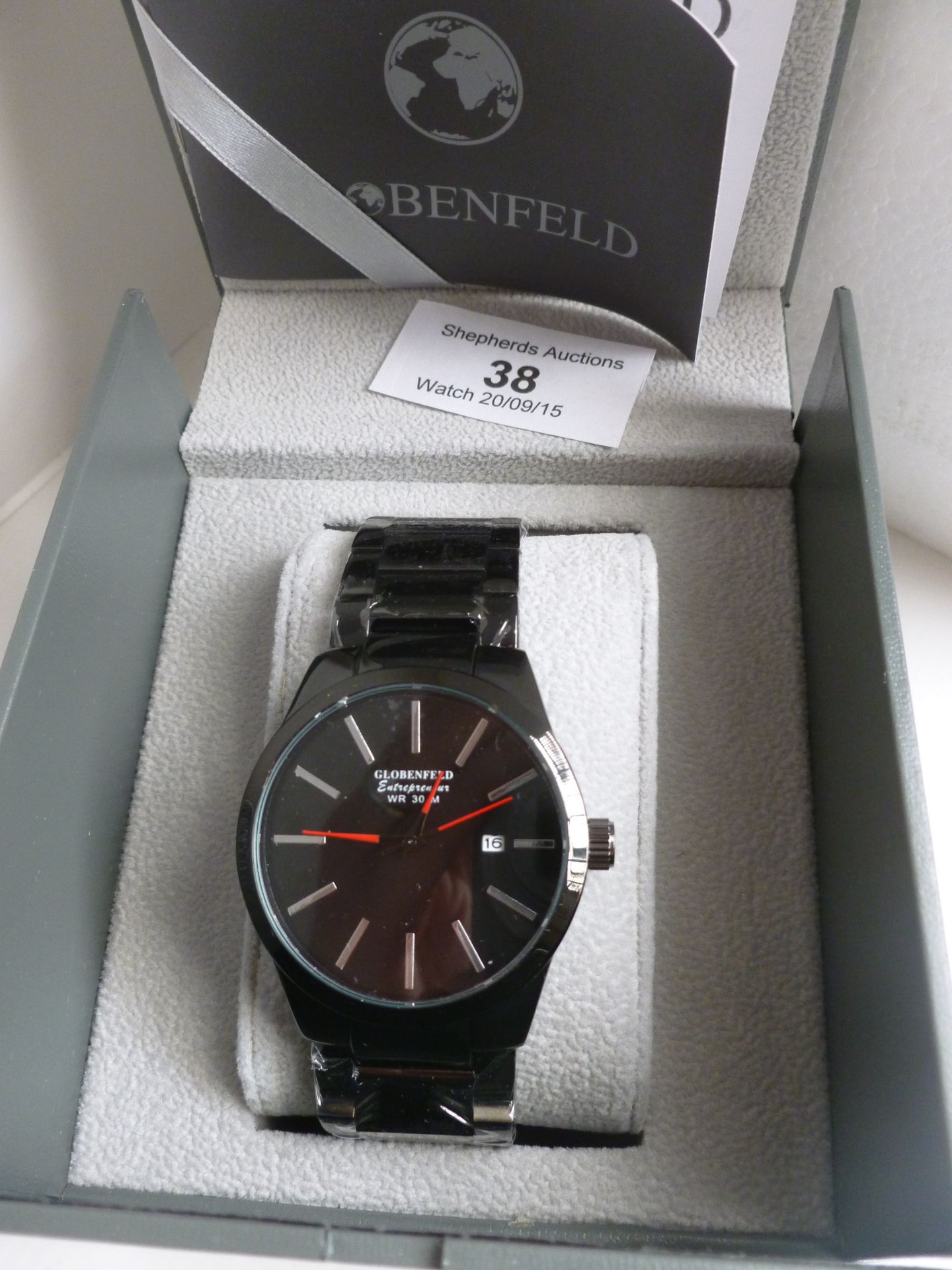 NO VAT!! Globenfeld limited edition Entrepreneur Mens Watch with high shine black strap and surround