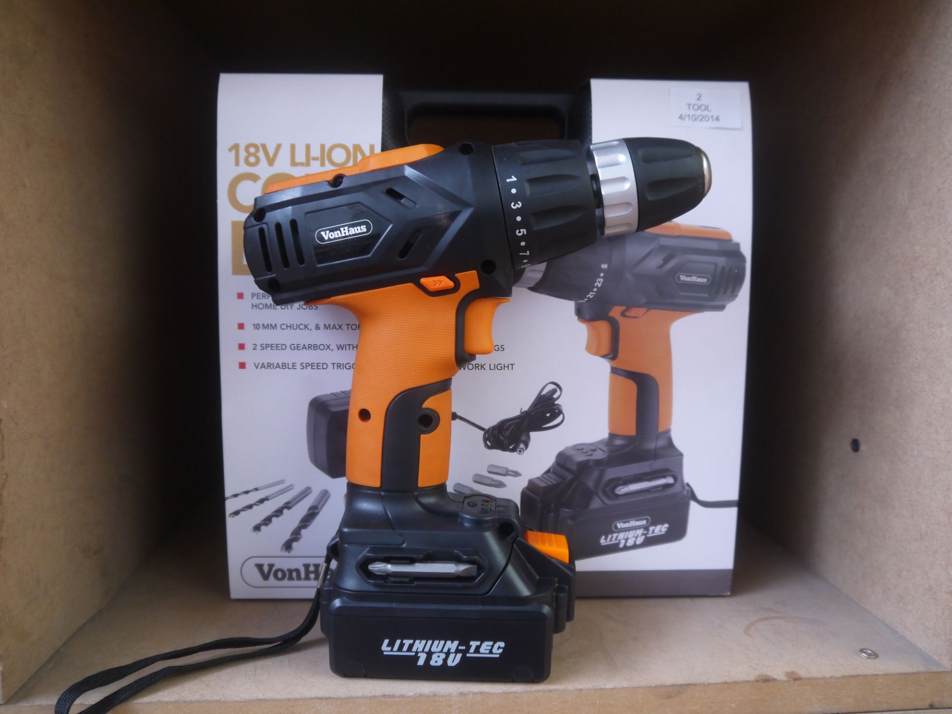 VonHaus 18V Lithium Ion Cordless Drill. Tested working, in carry case.
