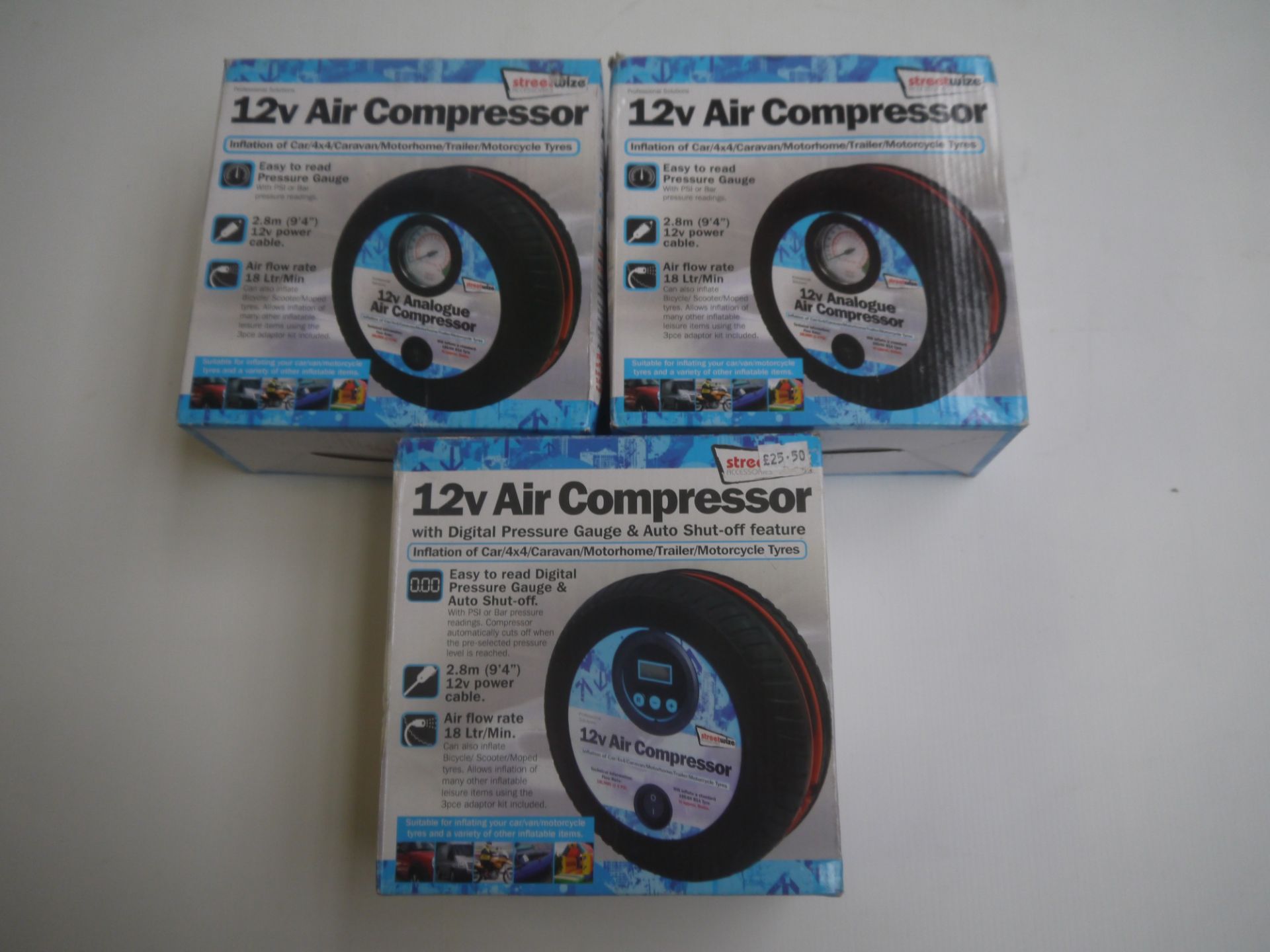 3x StreetWize 12V Analogue Air Compressor. Boxed.