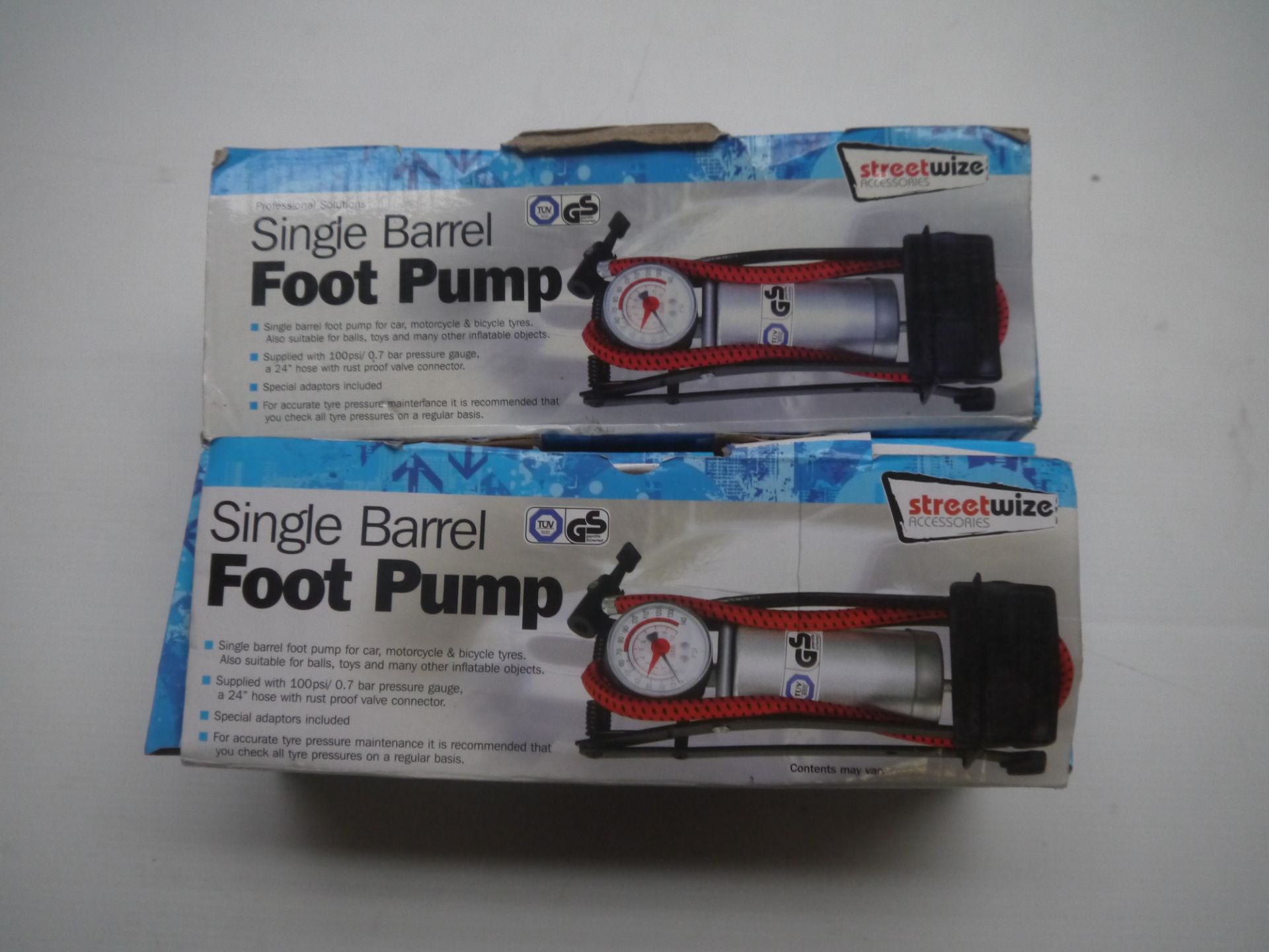 2x StreetWize Single Barrel Foot Pump. Boxed.