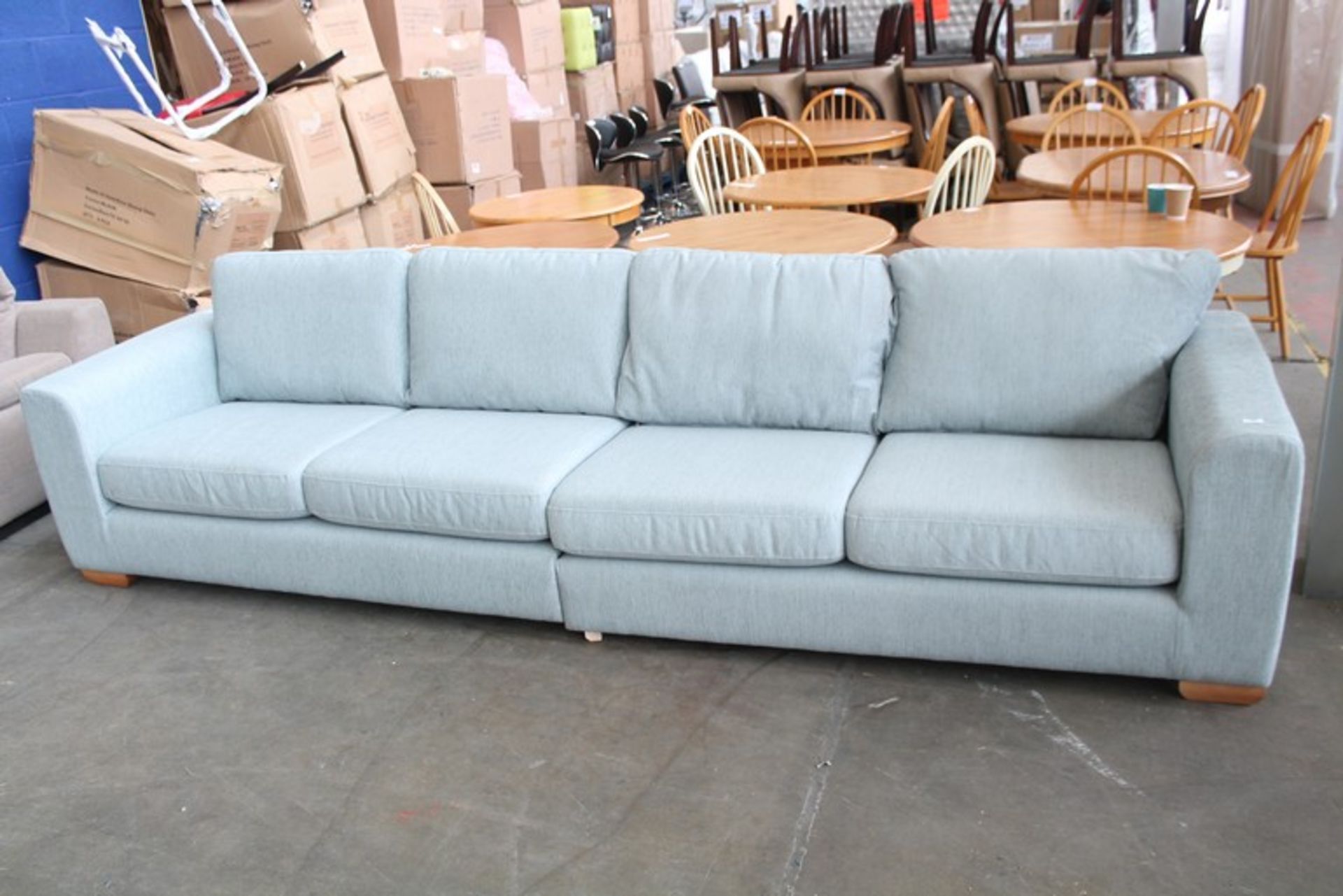 1 x LARGE 4 SEATER DUCK EGG FABRIC UPHOLSTERED SOFA RRP £1800 (9567)(15.4.15)  *PLEASE NOTE THAT THE