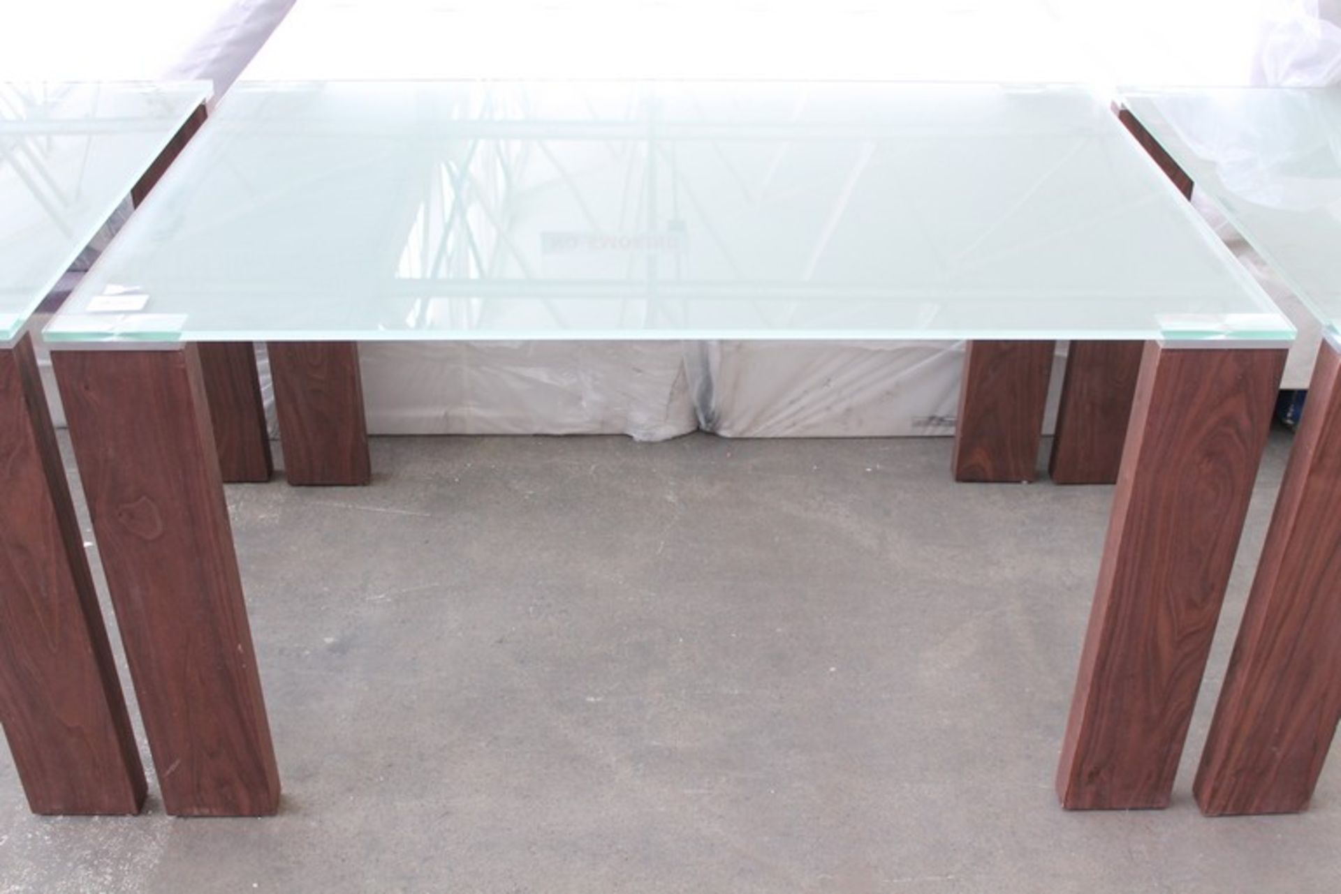 1 x LARGE RECTANGULAR FROSTED GLASS/WALNUT DINING TABLE   *PLEASE NOTE THAT THE BID PRICE IS