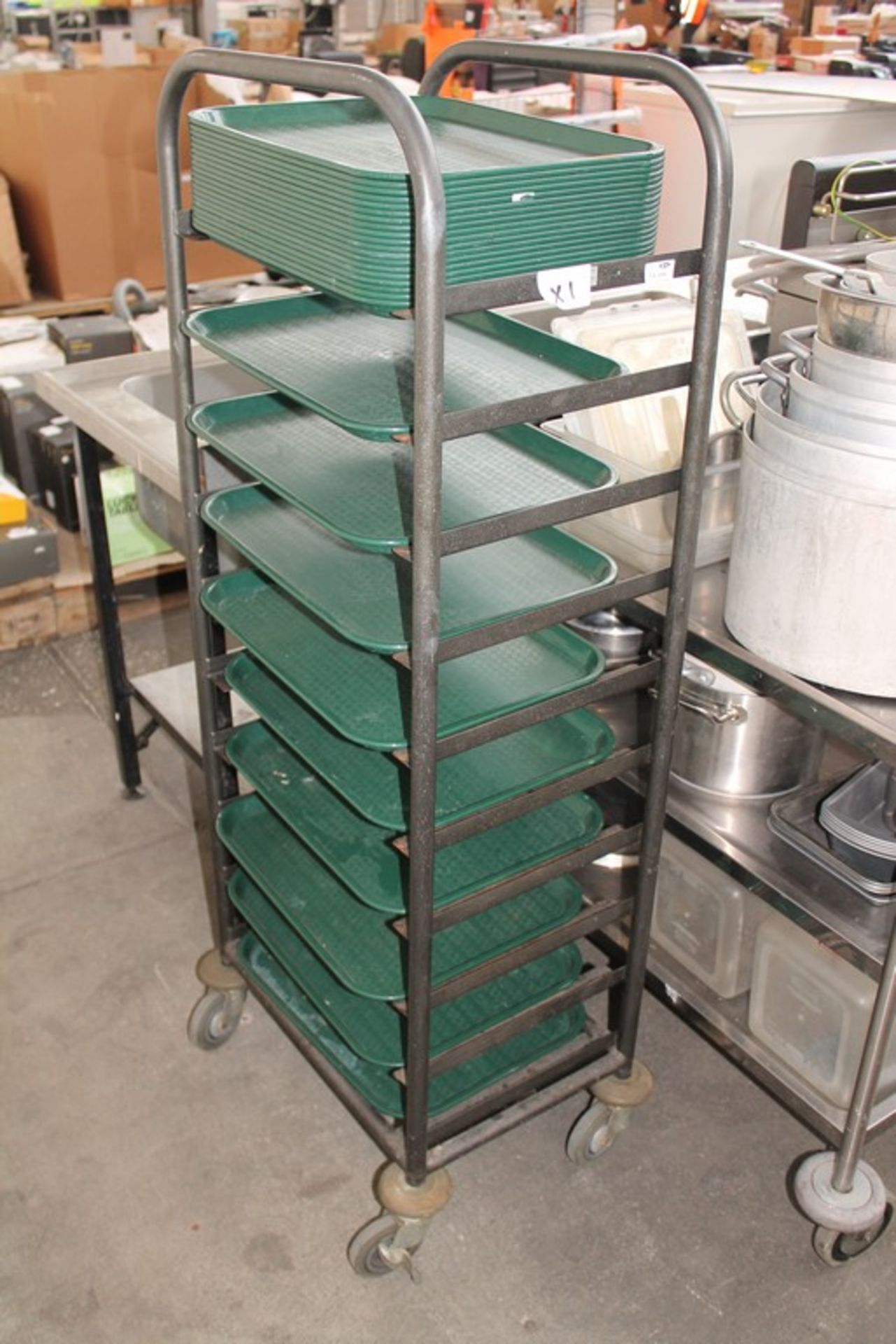 ONE WHEELED TROLLEY FOR TRAYS WITH APPROX 25X TRAYS (CATERING)
