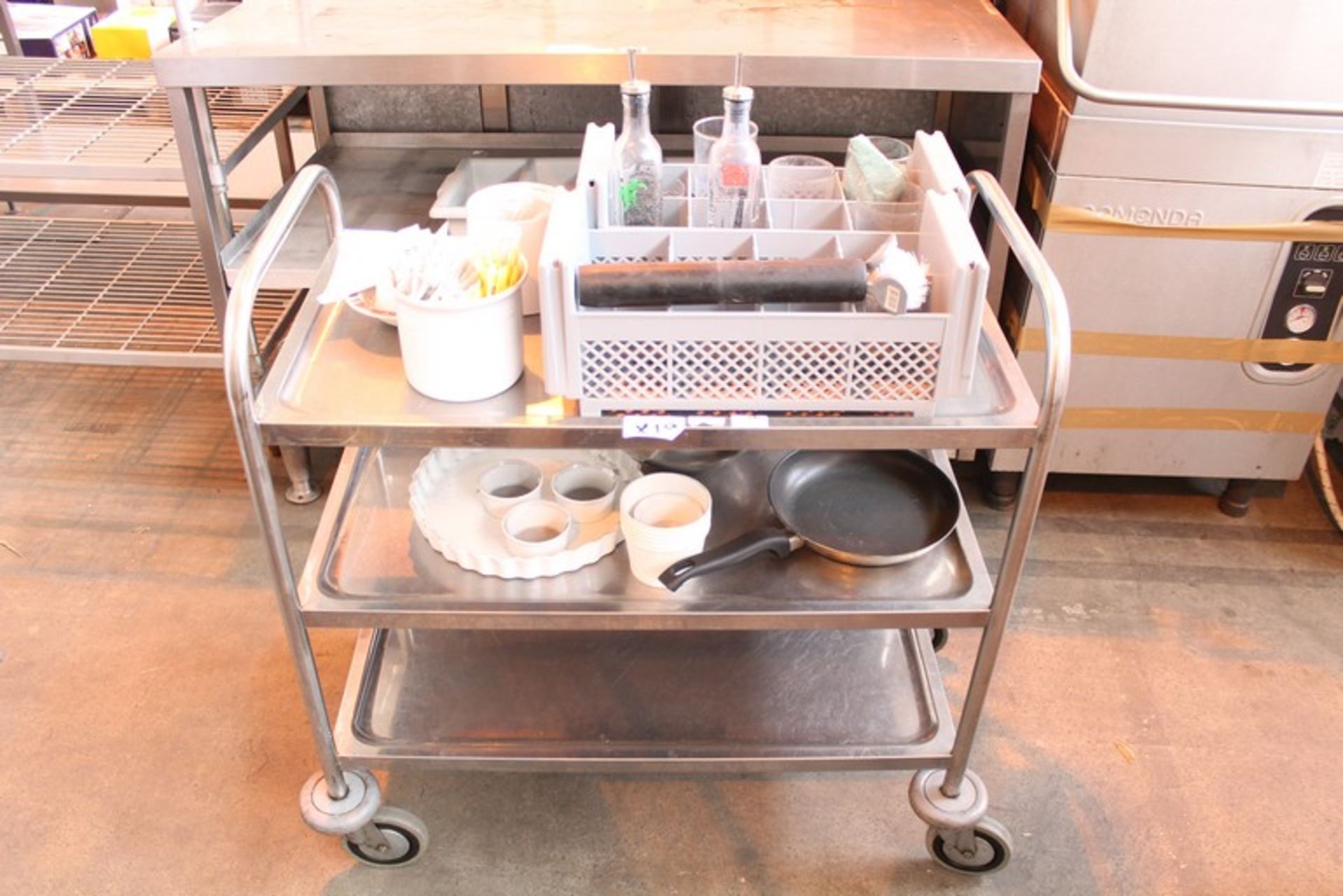 ONE LOT TO CONTAIN 19X ITEMS TO INCLUDE 3 TIER STAINLESS STEEL WHEELED KITCHEN TROLLEY WITH CLEANING