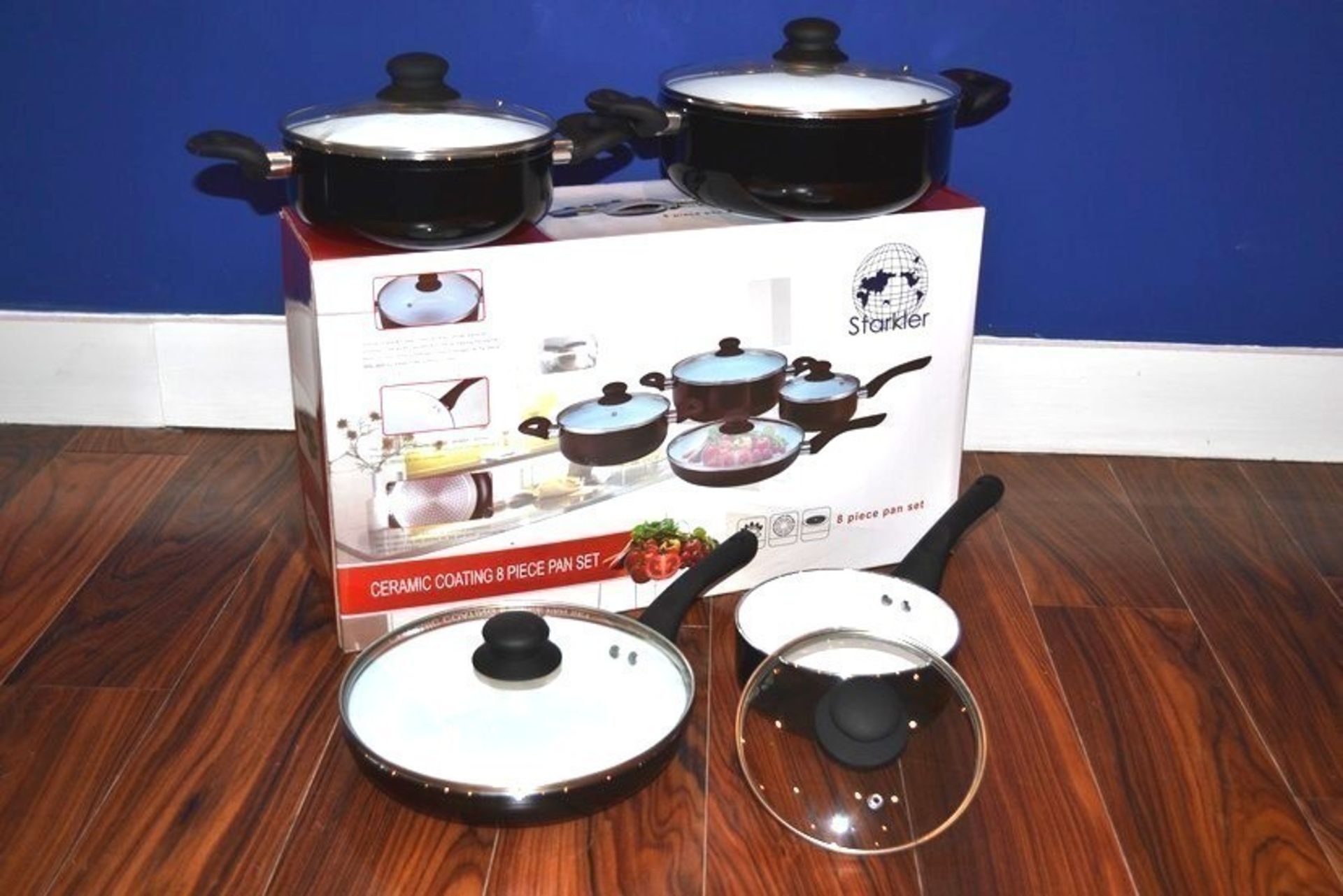 1 x BOXED BRAND NEW STARKLER 8 PIECE CERAMIC COATED PAN SET  *PLEASE NOTE THAT THE BID PRICE IS