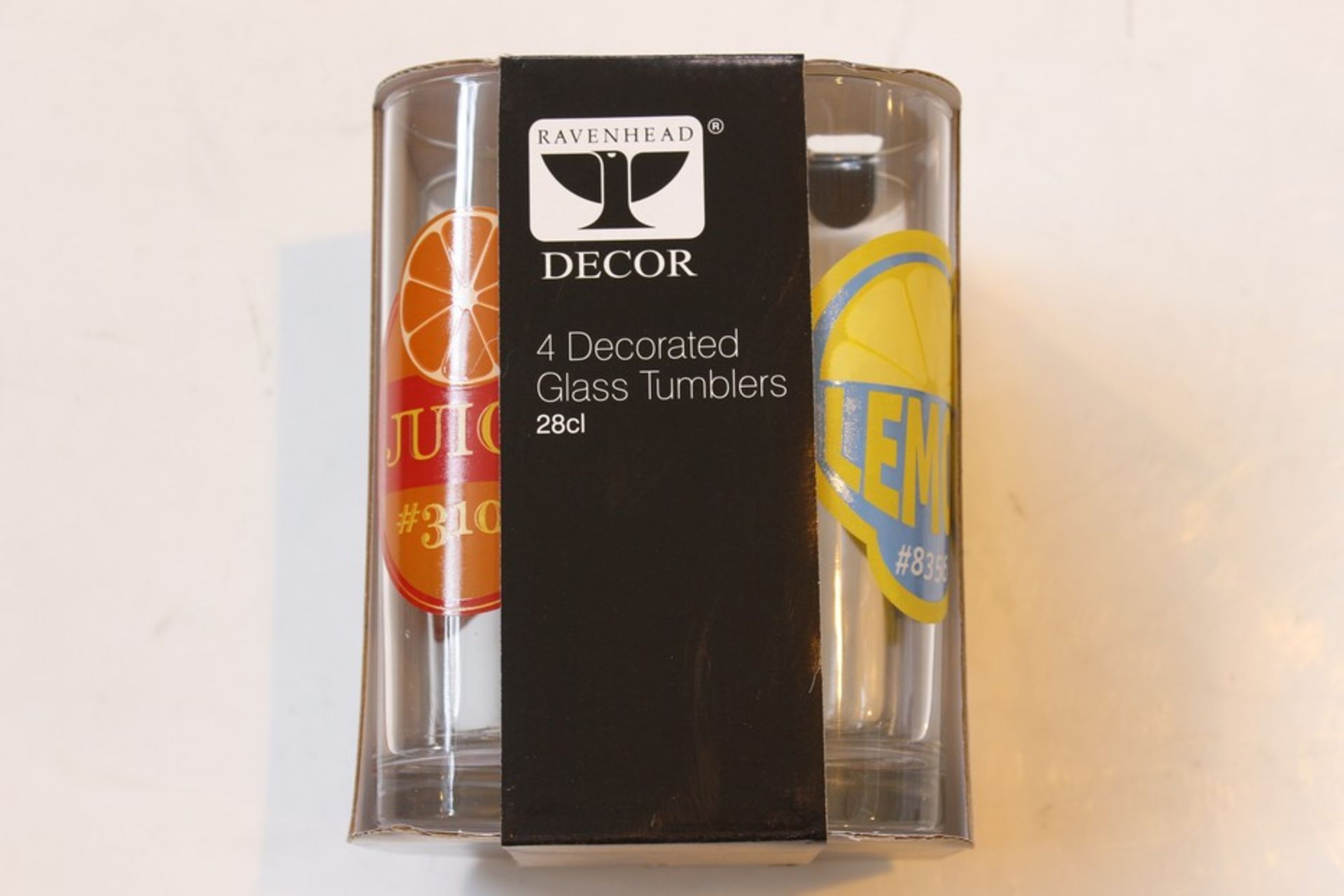 6 x BRAND NEW PACKS OF 4 RAVENHEAD DECO DECORATED GLASS TUMBLERS  *PLEASE NOTE THAT THE BID PRICE IS