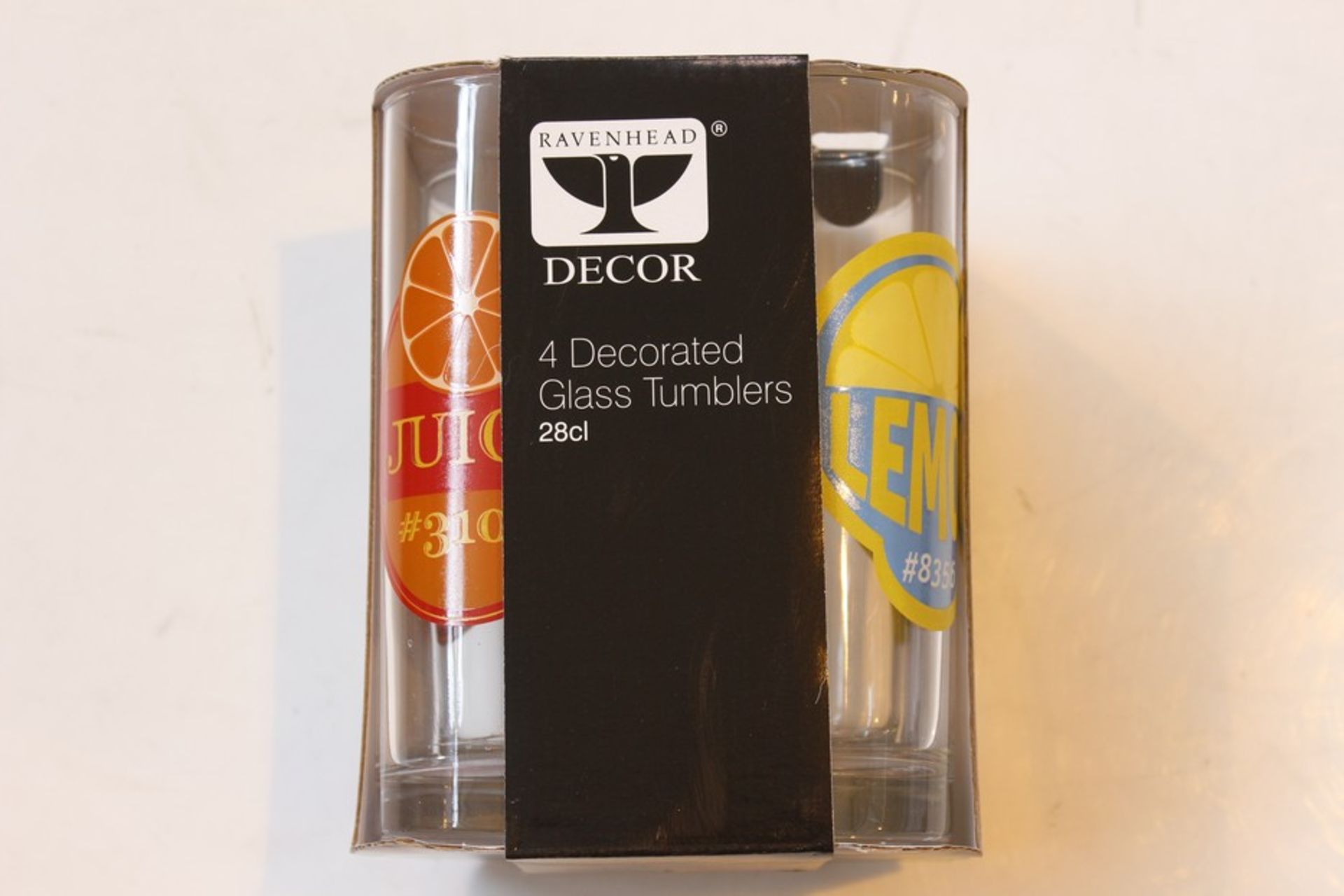 6 x BRAND NEW PACKS OF 4 RAVENHEAD DECO DECORATED GLASS TUMBLERS  *PLEASE NOTE THAT THE BID PRICE IS