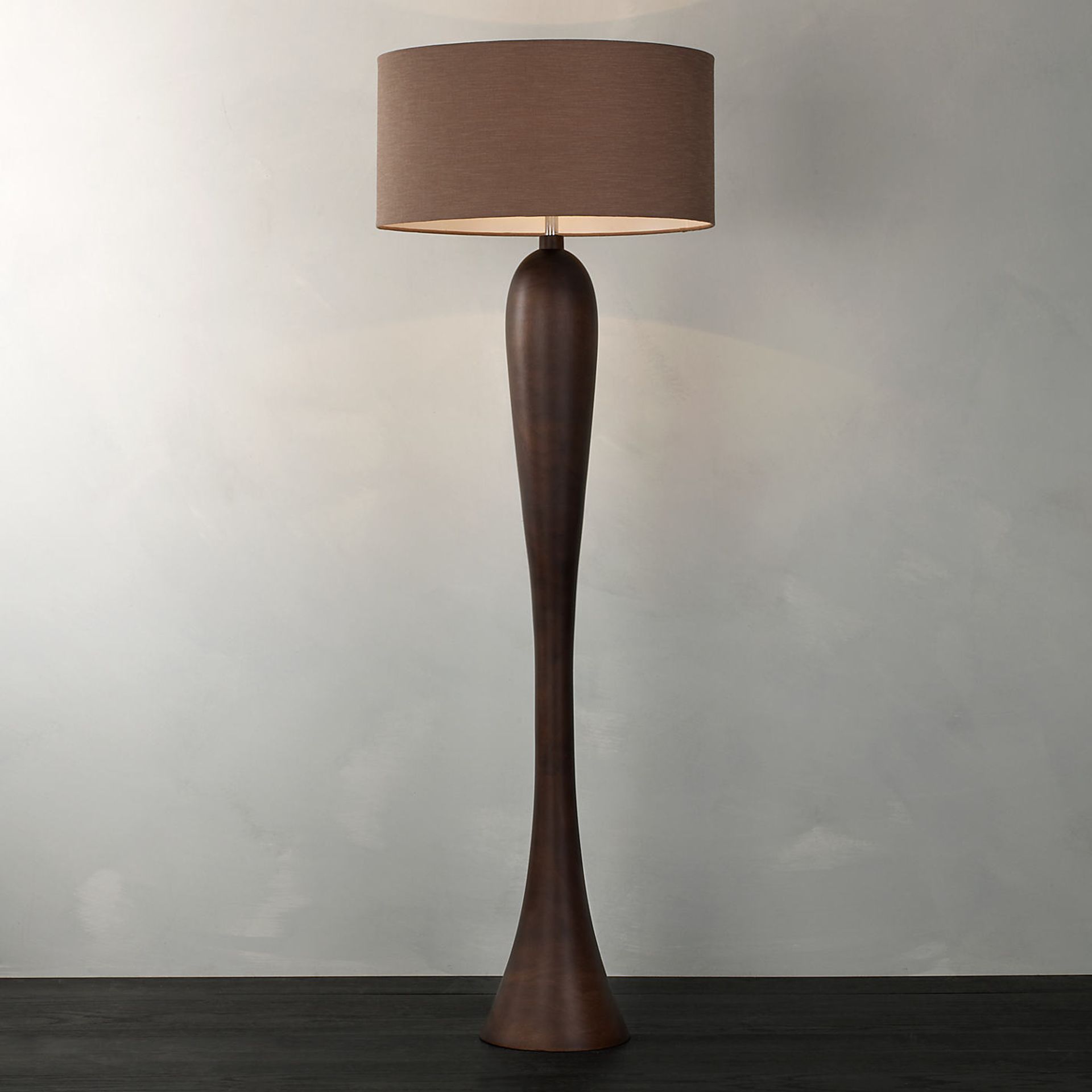 1 x BOXED JOANNA FLOOR LAMP WOOD BASE AND GREY SHADE (19.6.15)  *PLEASE NOTE THAT THE BID PRICE IS