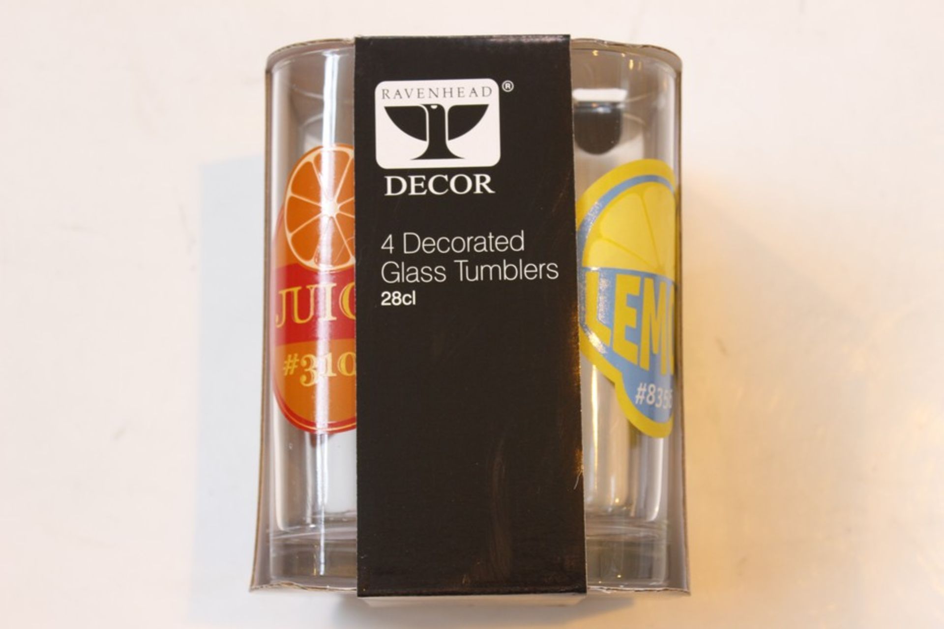 6 x BRAND NEW PACKS OF 4 RAVENHEAD DECO DECORATED GLASS TUMBLERS  *PLEASE NOTE THAT THE BID PRICE IS