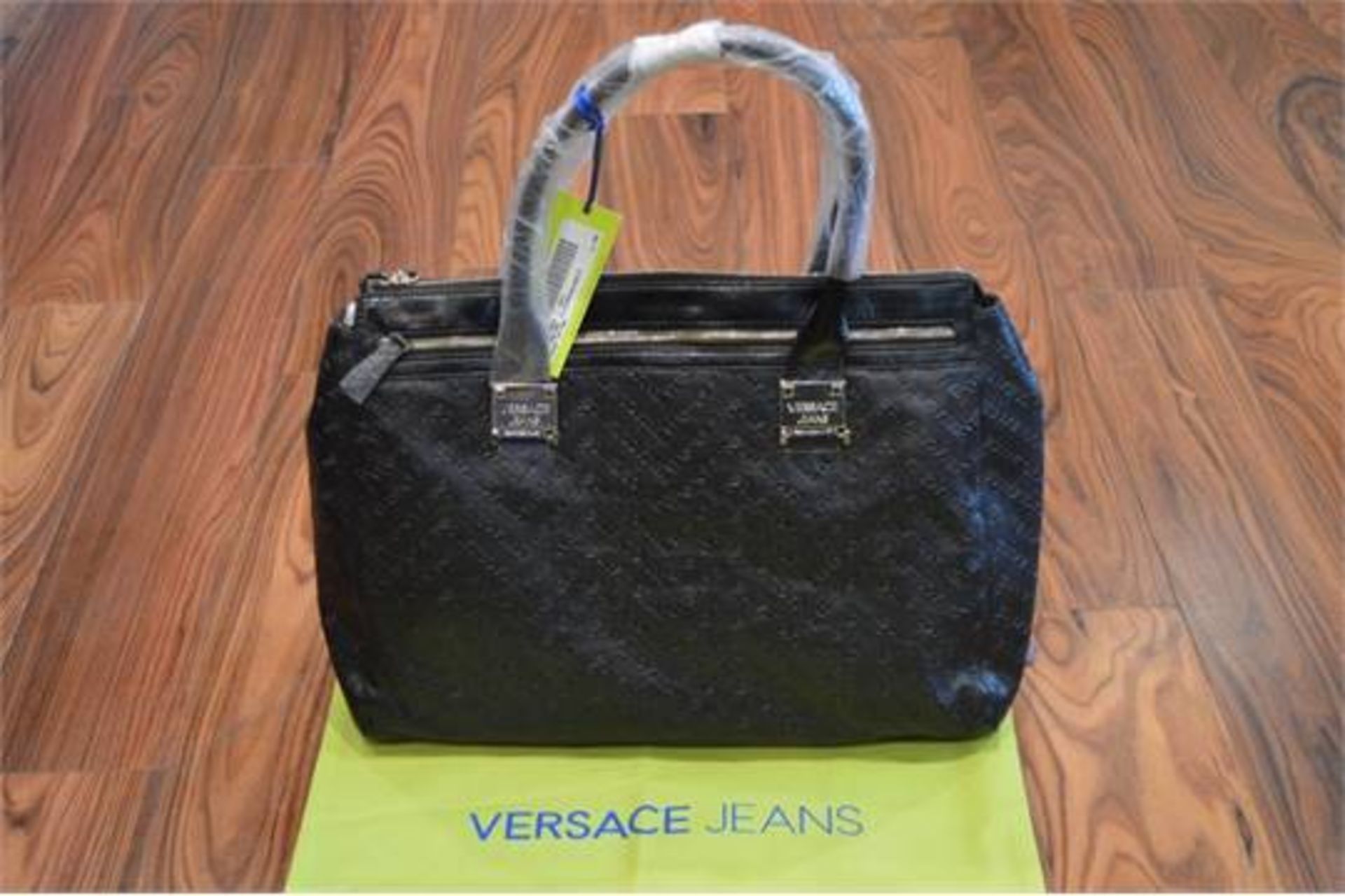 BOXED BRAND NEW WITH LABELS VERSACE JEANS PU PERSONALIZA BLACK LEATHER LOGO PRINT DESIGNER HIGH