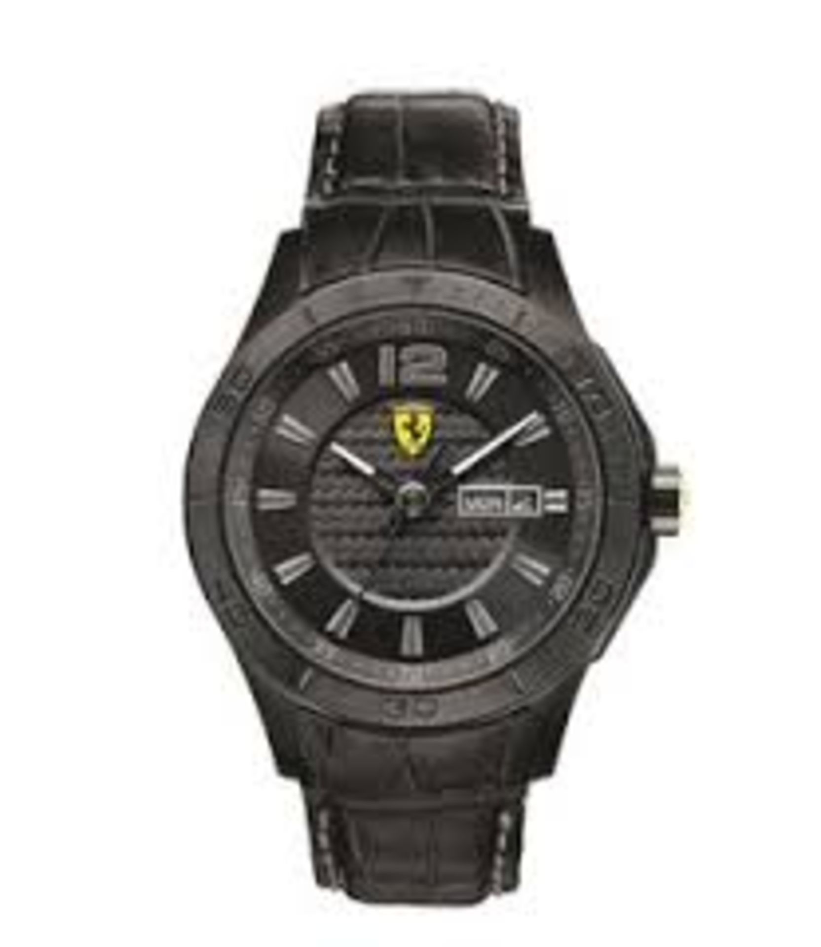 BOXED BRAND NEW SCUDERIA FERRARI BLACK LEATHER ANIMAL PRINT GENTS DESIGNER WRIST WATCH WITH 2