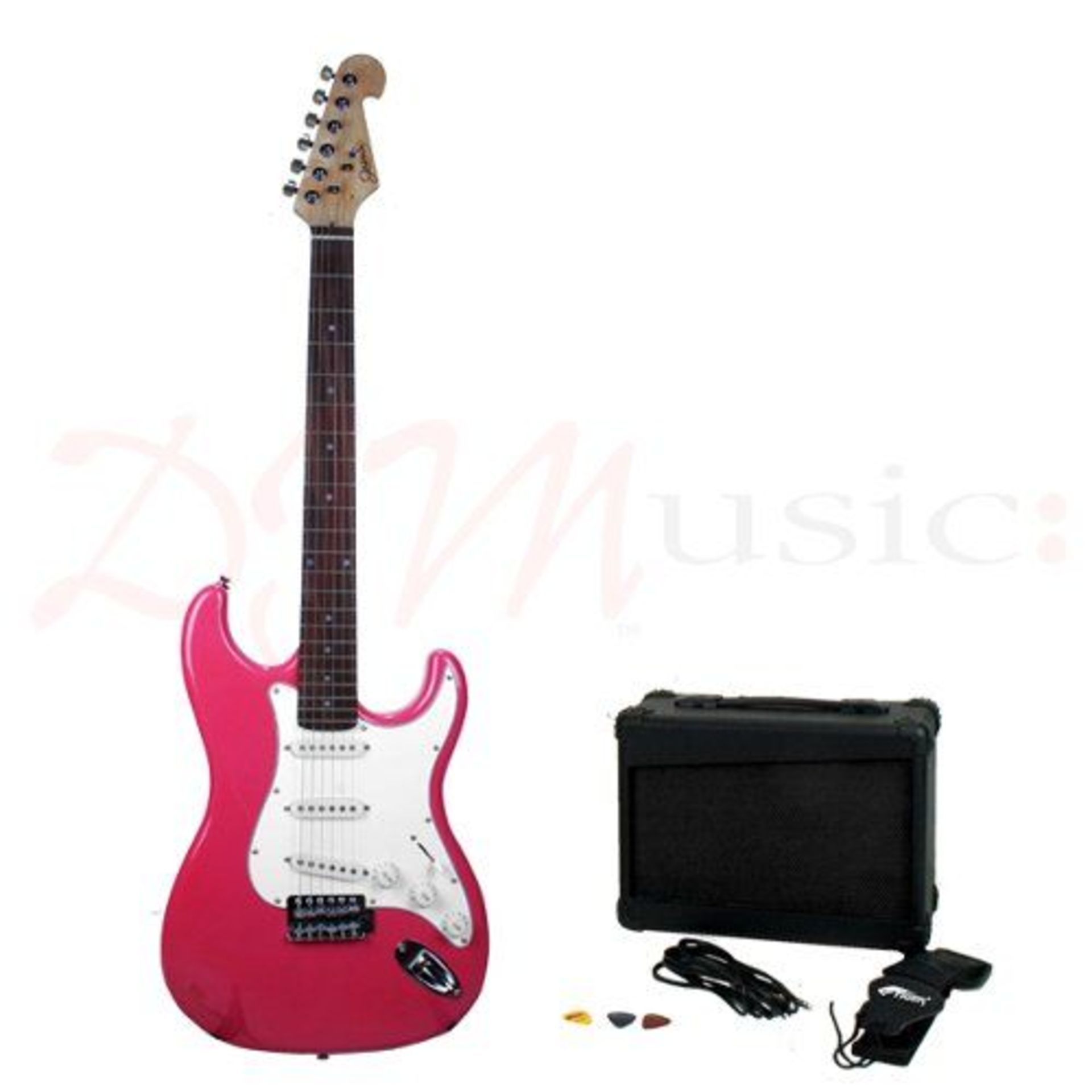 ONE BOXED BRAND NEW ELECTRIC GUITAR IN PINK WITH ACCESSORIES, 240V WITH 10W AMPLIFIER, BAG, BELT, - Image 2 of 2