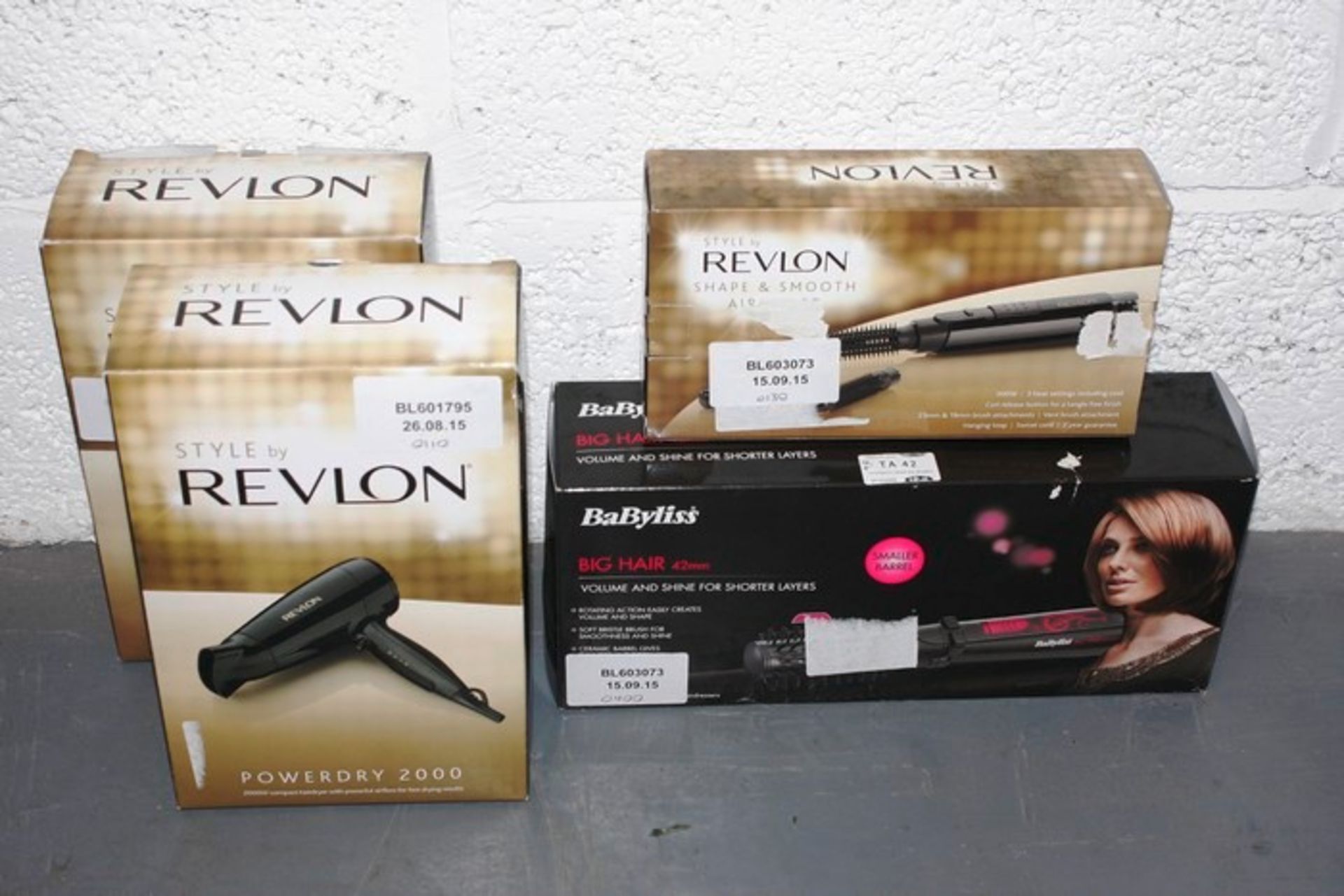4x BOXED ASSORTED HAIR CARE PRODUCTS TO INCLUDE BABYLISS BIG HAIR CURLERS REVLON HAIRDRYERS AND