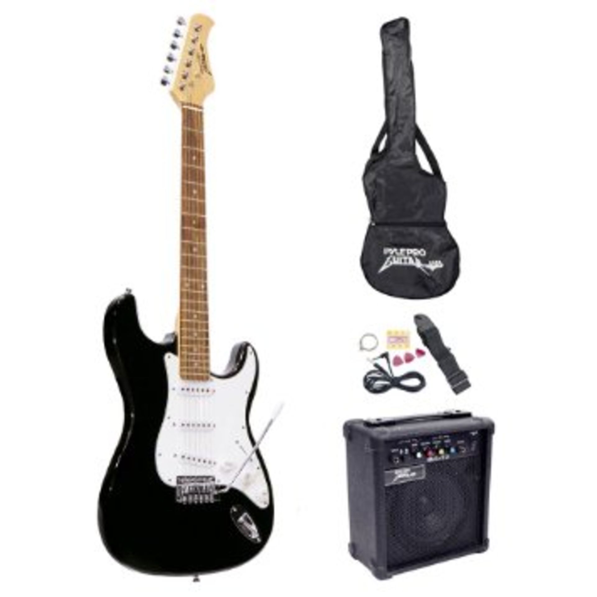 ONE BOXED BRAND NEW ELECTRIC GUITAR IN BLACK WITH ACCESSORIES, 240V WITH 10W AMPLIFIER, BAG, BELT, - Image 2 of 2