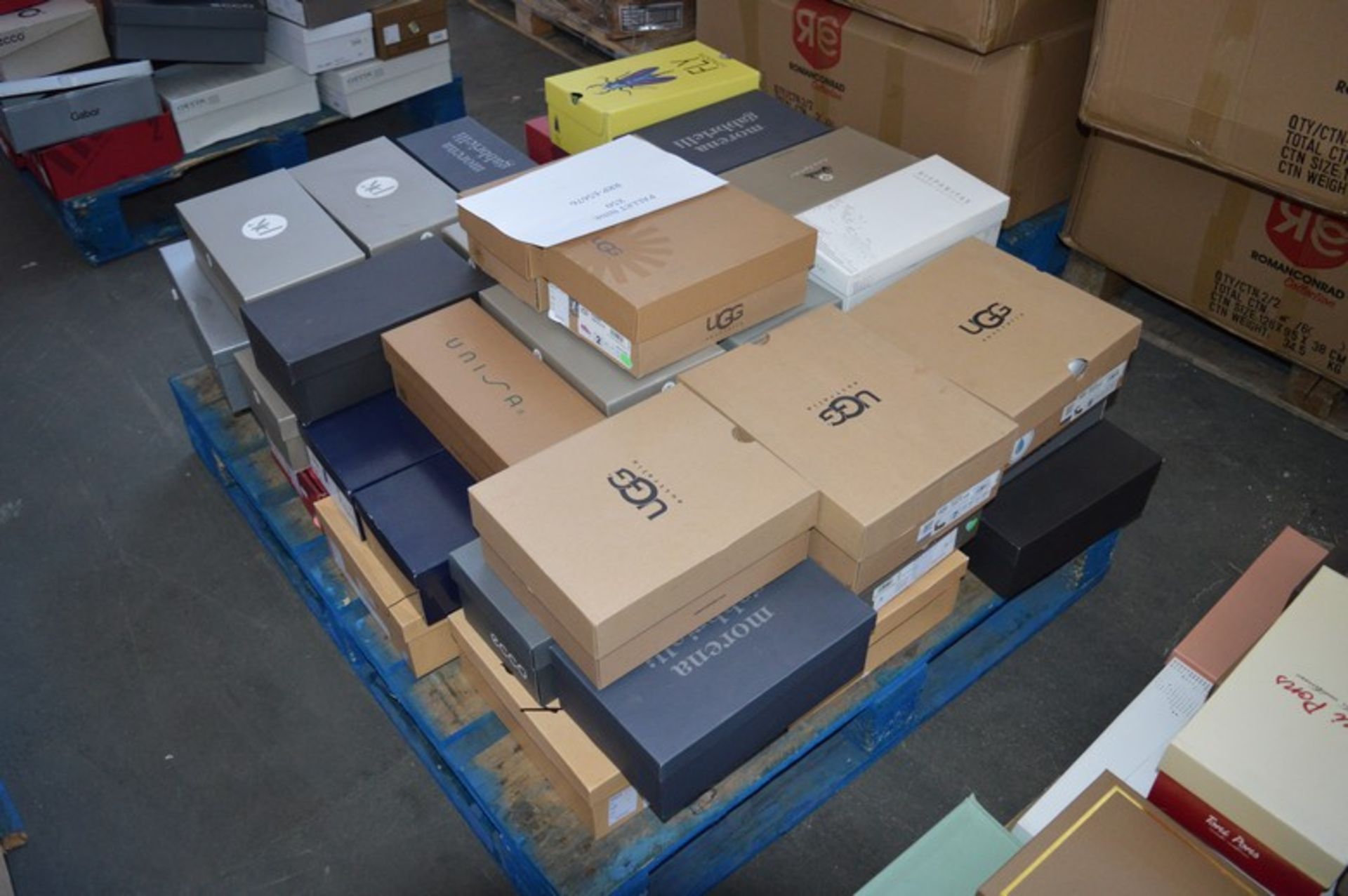 ONE PALLET TO CONTAIN 50 PAIRS OF BOXED DESIGNER SHOES TO INCLUDE, UGG, FITFLOP, PETER KAISER,