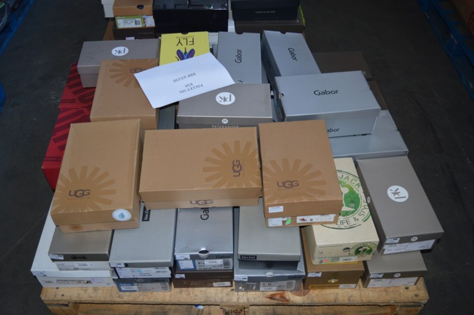 ONE PALLET TO CONTAIN 50 PAIRS OF BOXED DESIGNER SHOES TO INCLUDE, UGG, FITFLOP, PETER KAISER,