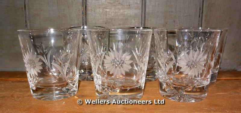 SIX CUT GLASS FLORAL DECORATED TUMBLERS