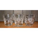 SIX CUT GLASS FLORAL DECORATED TUMBLERS