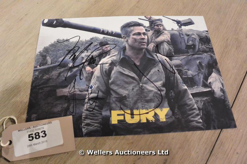 FRAMED PHOTOGRAPHIC IMAGE OF BRAD PITT AND OTHER CREW MEMBERS SIGNED BY THE CAST OF 'FURY'