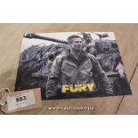 FRAMED PHOTOGRAPHIC IMAGE OF BRAD PITT AND OTHER CREW MEMBERS SIGNED BY THE CAST OF 'FURY'