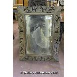 19TH CENTURY FRENCH CARVED MIRROR WITH ORIGINAL BEVELLED PLATE AND BLEACHED OAK FRAME, 630 X 850