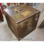 LATE 19TH CENTURY TRAVELLING TRUNK WITH METAL AND BRASS FITTINGS WITH THE INITIALS 'MDP', 550 X