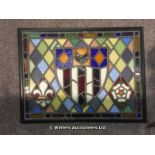 EARLY 20TH CENTURY STAINED GLASS ARMORIAL PANEL IN FRAME, 735 X 560